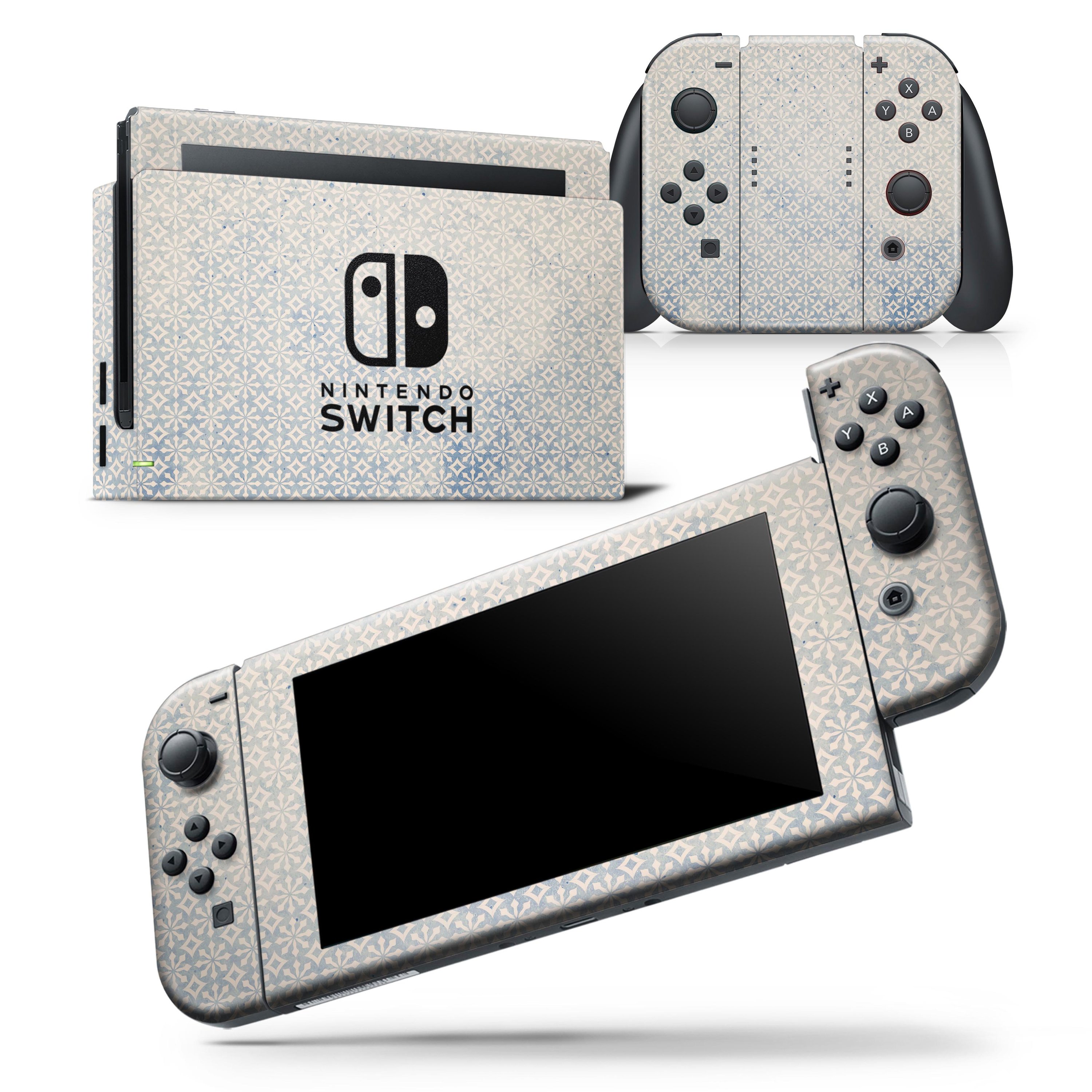 Faded blue and white snowflake pattern skin wrap decal for Nintendo Switch, showcasing a stylish design that fits snugly on the console and controllers.