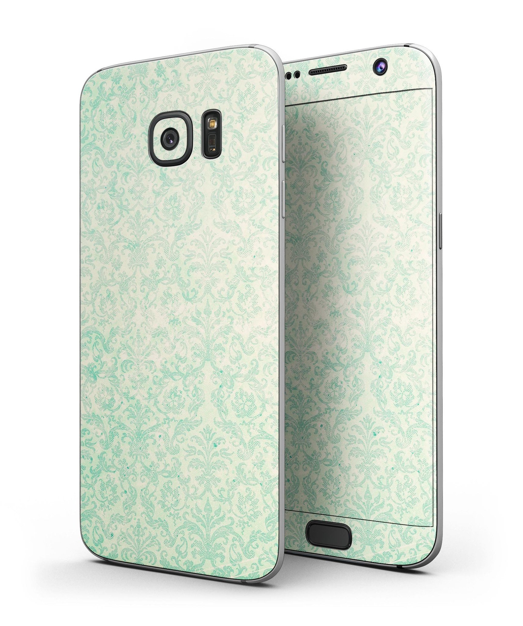 Faded Blue-Green Rococo Pattern skin kit for Samsung Galaxy S7 and S7 Edge, showcasing vibrant colors and intricate design.