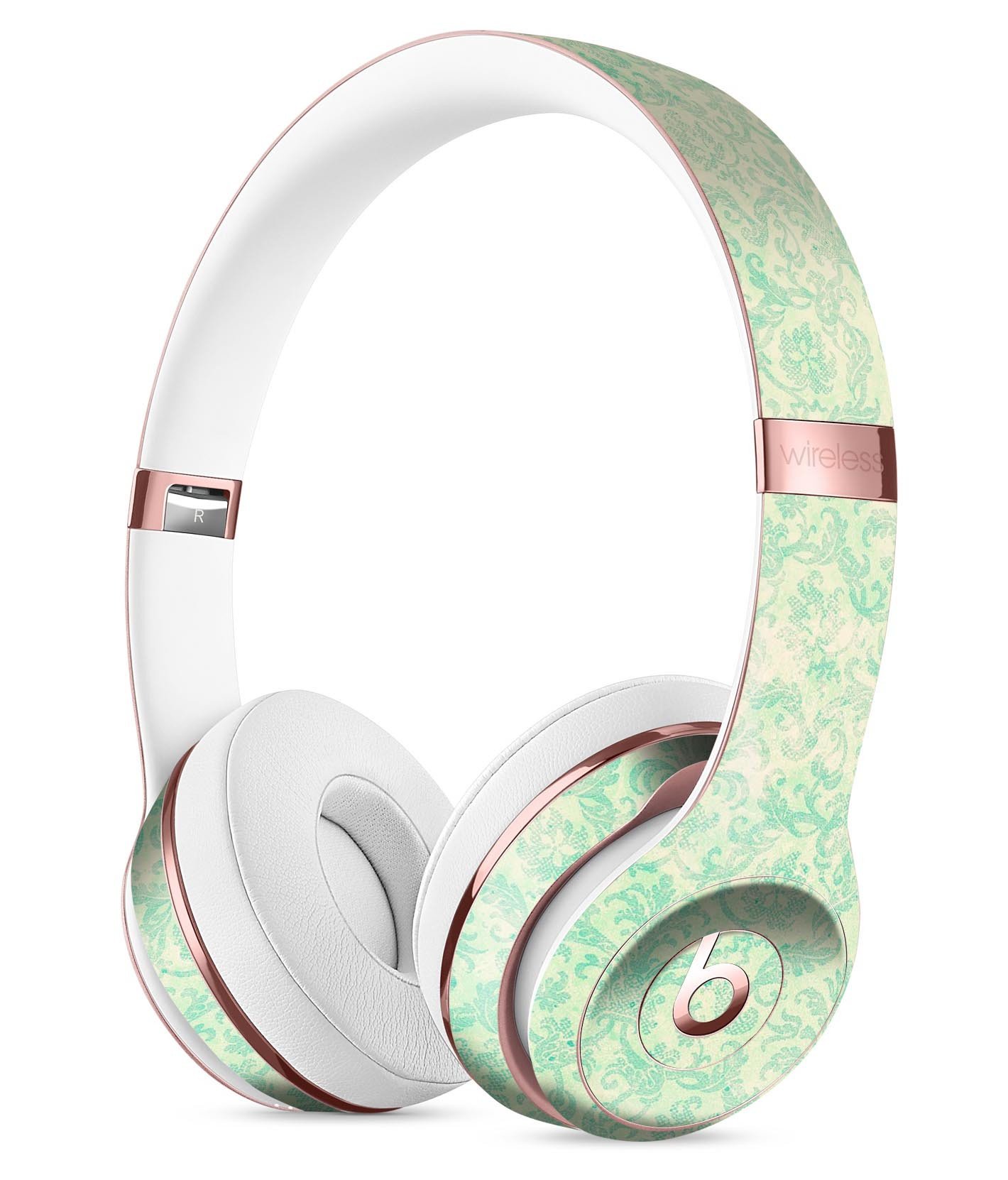 Faded Blue-Green Rococo Pattern Skin Kit for Beats by Dre Solo 3 Wireless Headphones, showcasing intricate design and premium vinyl material.