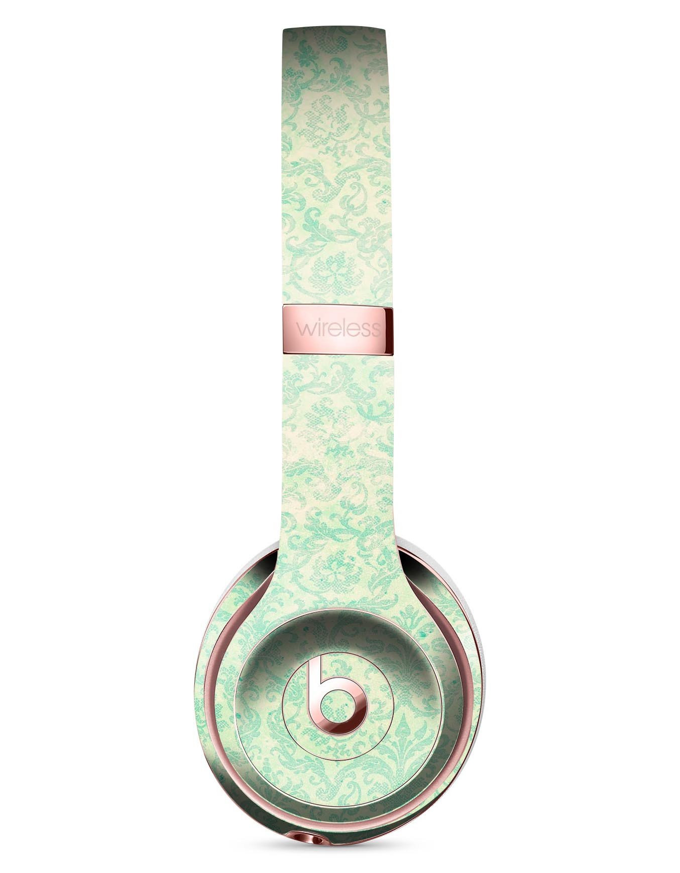 Faded Blue-Green Rococo Pattern Skin Kit for Beats by Dre Solo 3 Wireless Headphones, showcasing intricate design and premium vinyl material.