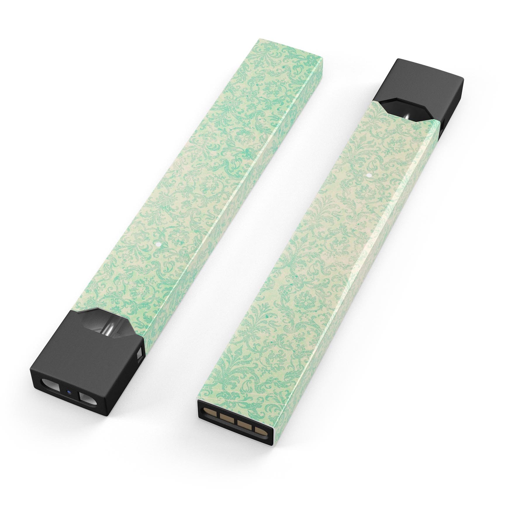 Faded Blue-Green Rococo Pattern skin-wrap for JUUL vaping device, showcasing intricate design and premium quality.
