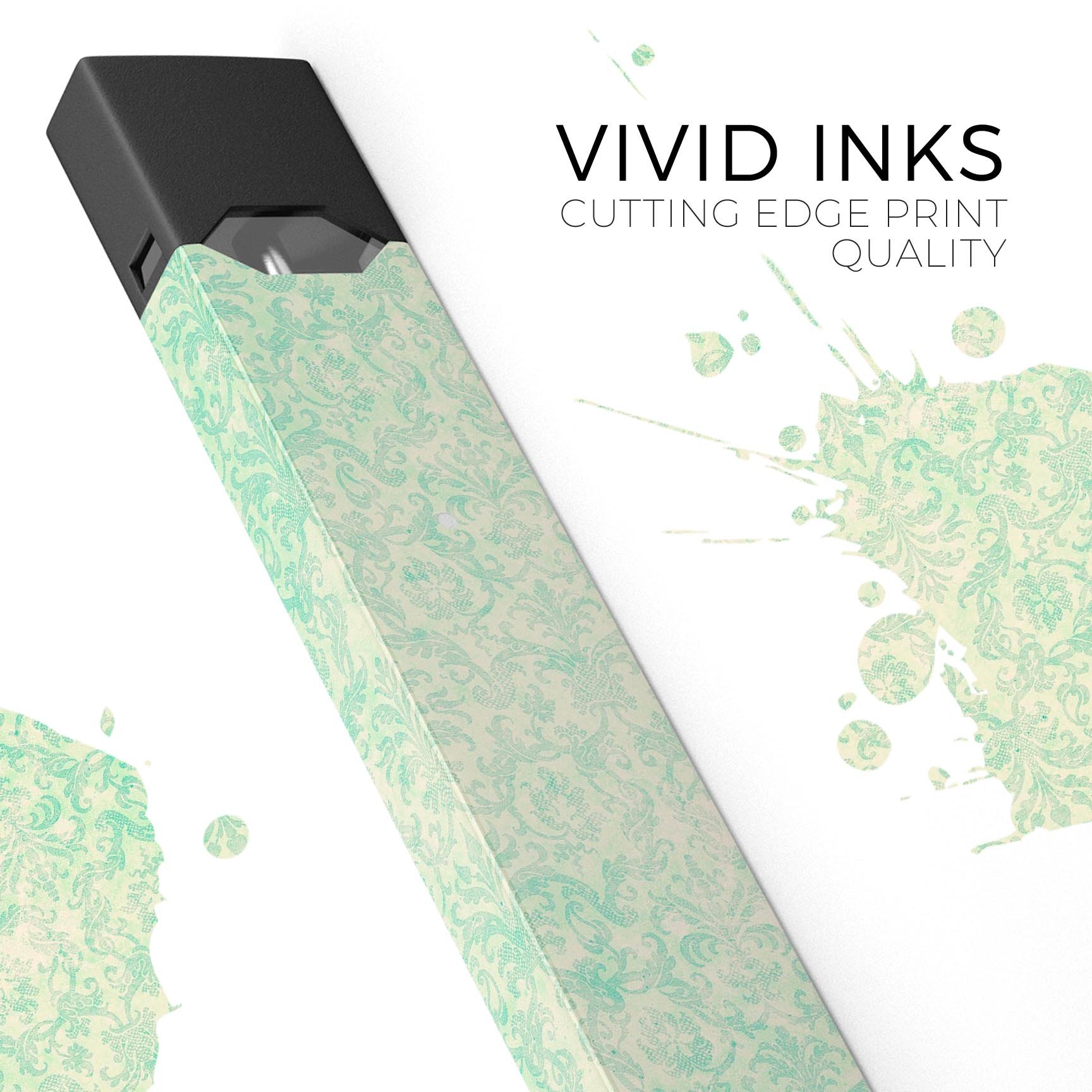 Faded Blue-Green Rococo Pattern skin-wrap for JUUL vaping device, showcasing intricate design and premium quality.