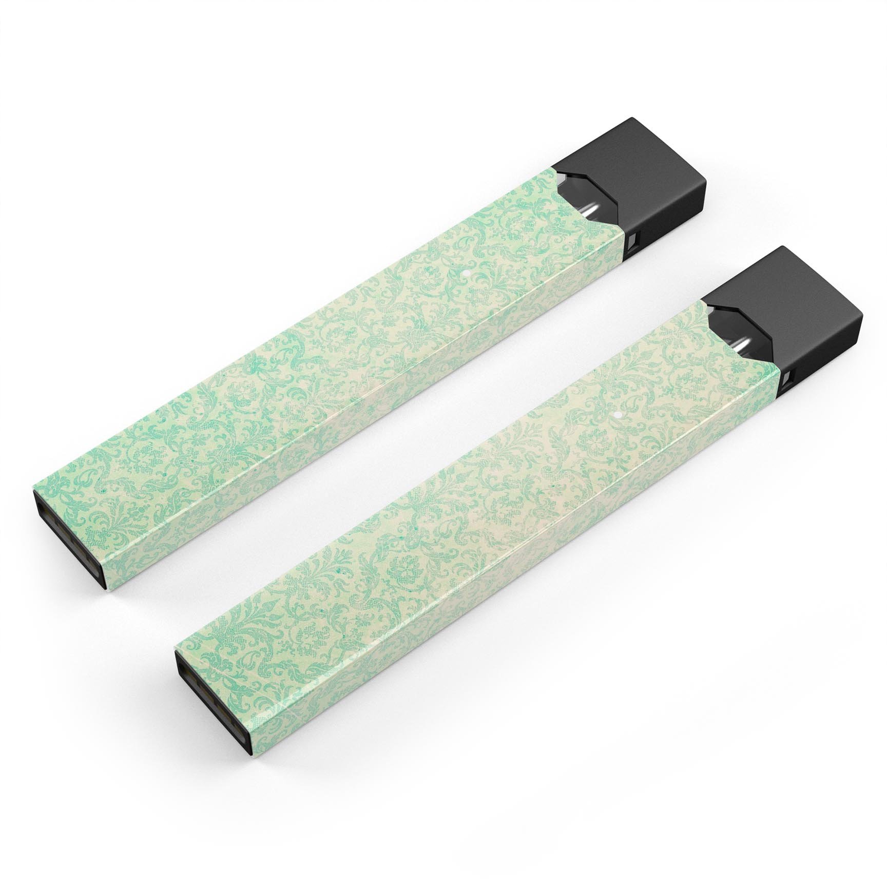 Faded Blue-Green Rococo Pattern skin-wrap for JUUL vaping device, showcasing intricate design and premium quality.