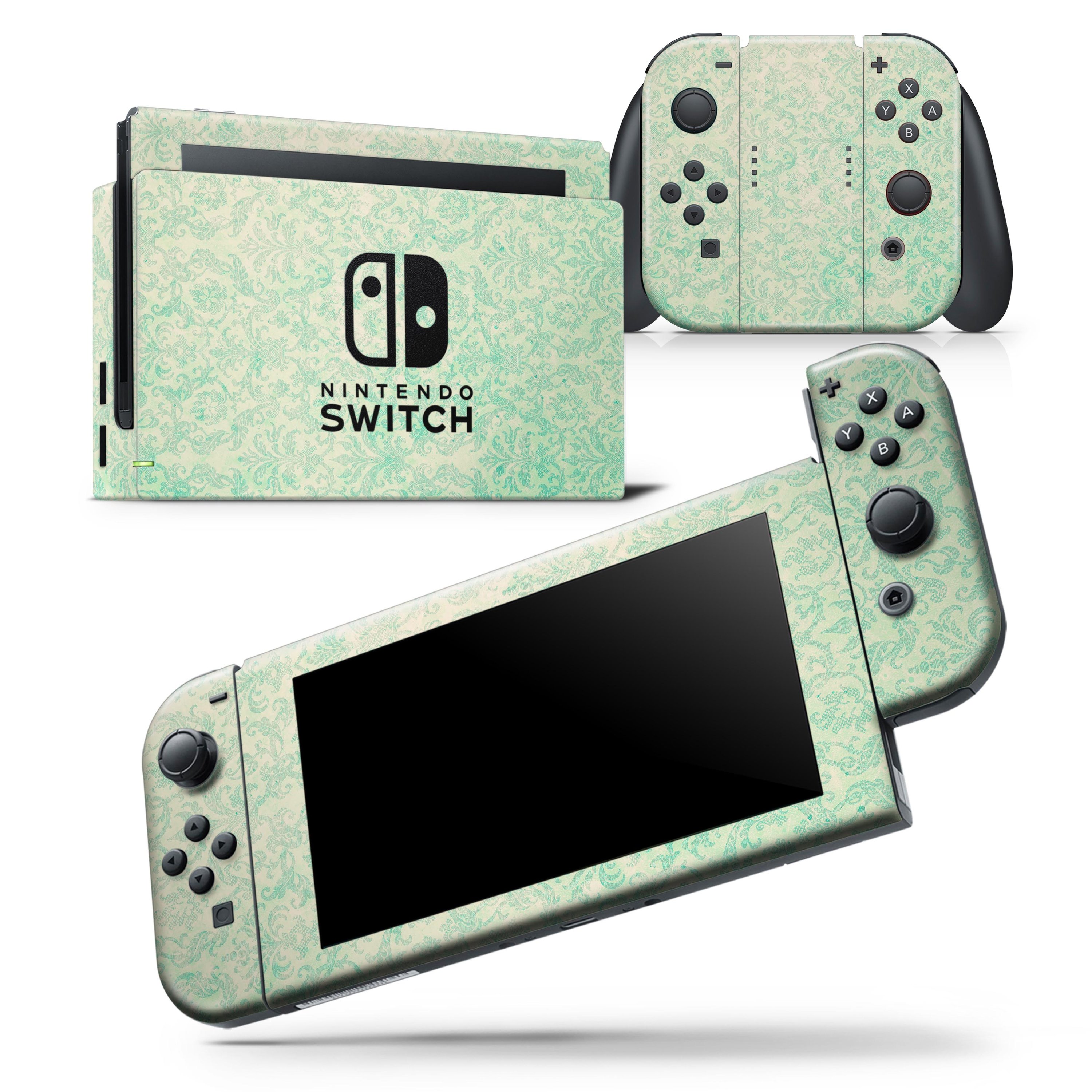 Faded Blue-Green Rococo Pattern skin wrap decal for Nintendo Switch, showcasing intricate design and premium finish.