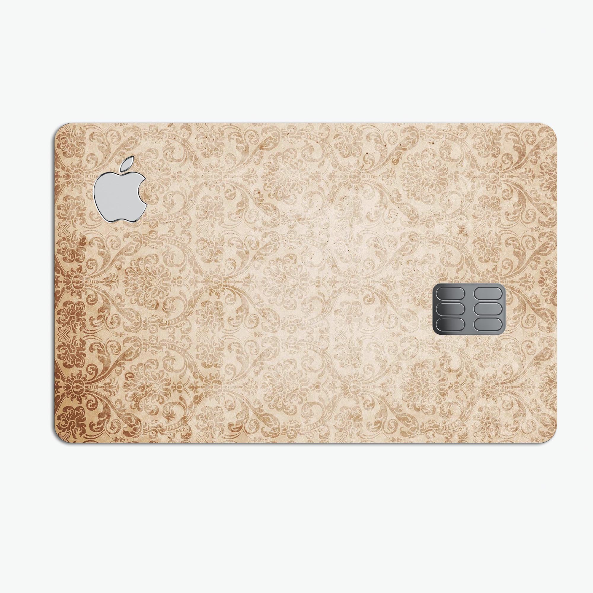 Faded Brown and Yellow Rococo Pattern decal on an Apple Card, showcasing its elegant design and premium quality.
