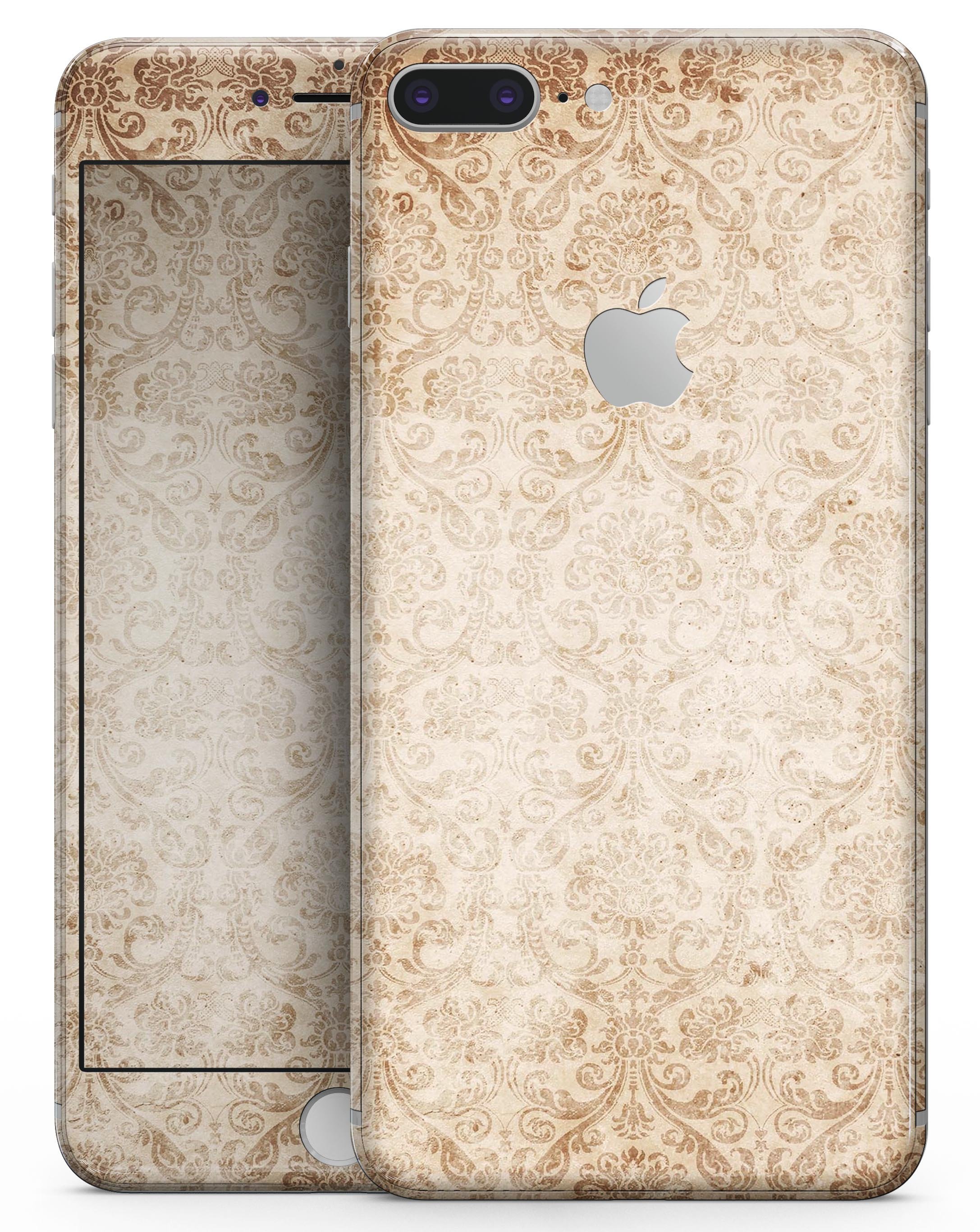 Faded Brown and Yellow Rococo Pattern skin for iPhone 8 and 8 Plus, showcasing intricate design and premium vinyl material.