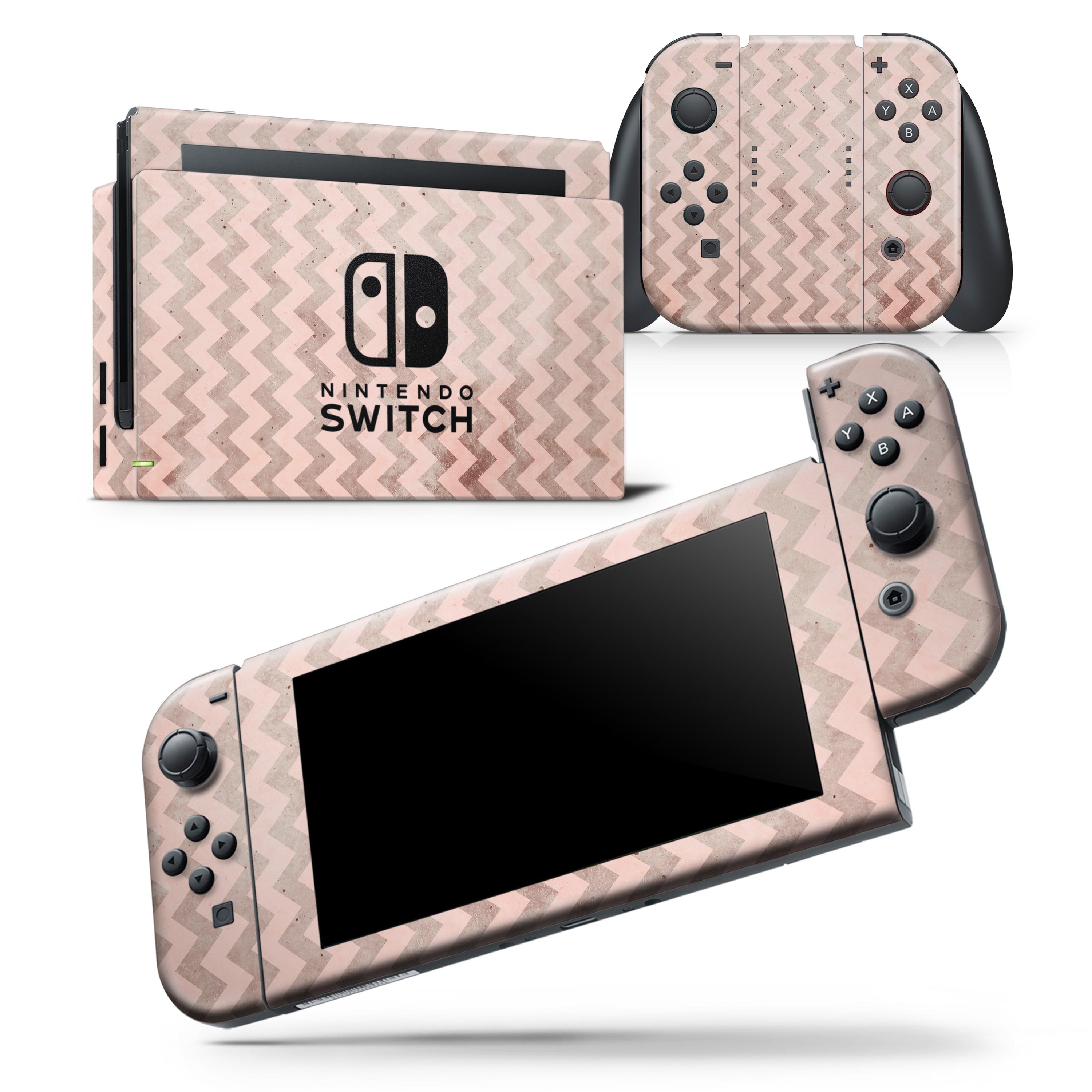 Faded Cocoa and Light Pink Chevron Pattern skin wrap decal for Nintendo Switch, showcasing a stylish design that fits snugly on the console and controllers.
