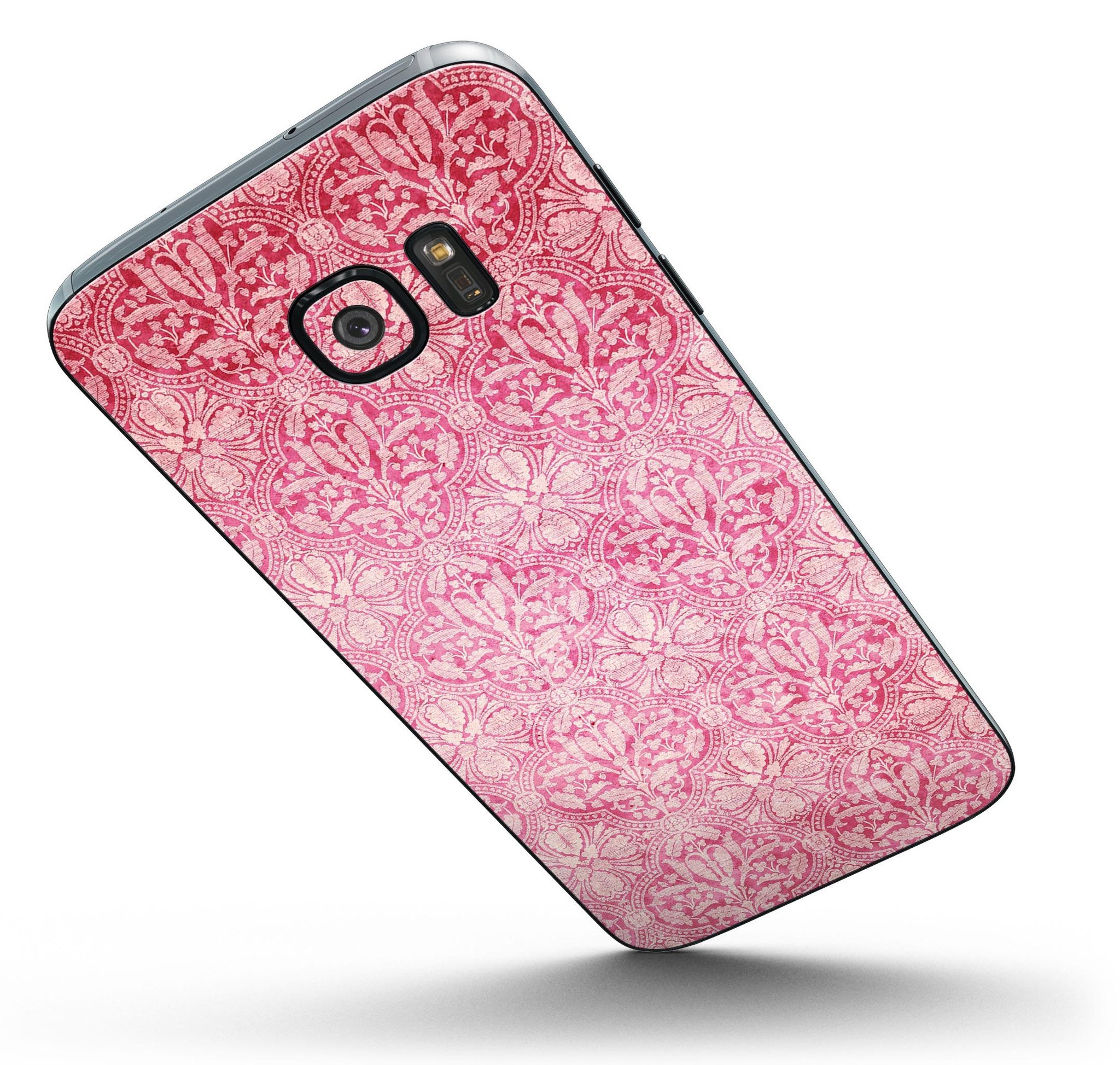 Faded Deep Pink Damask Pattern skin kit for Samsung Galaxy S7/S7 Edge, showcasing its stylish design and premium vinyl material.