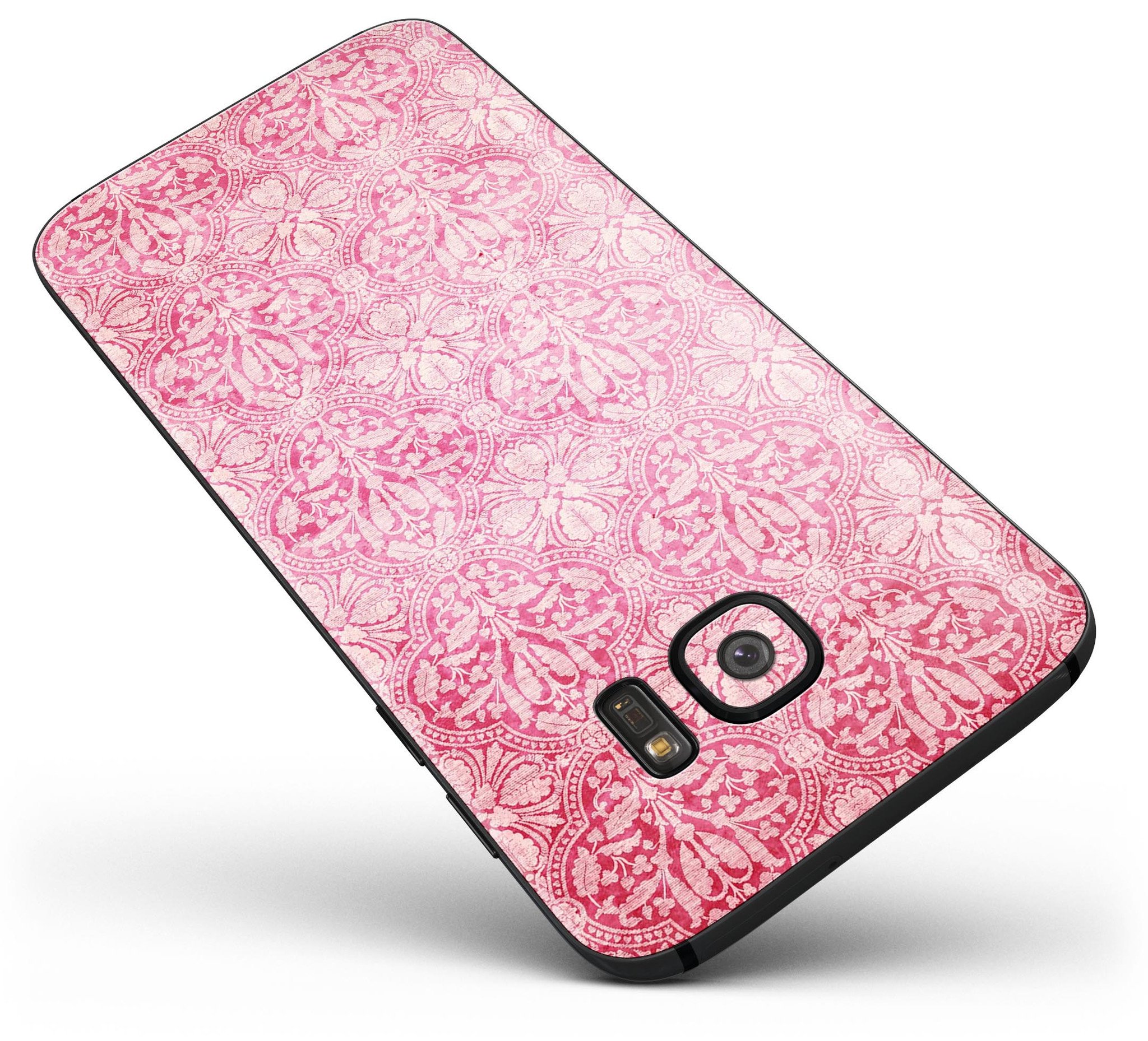 Faded Deep Pink Damask Pattern skin kit for Samsung Galaxy S7/S7 Edge, showcasing its stylish design and premium vinyl material.