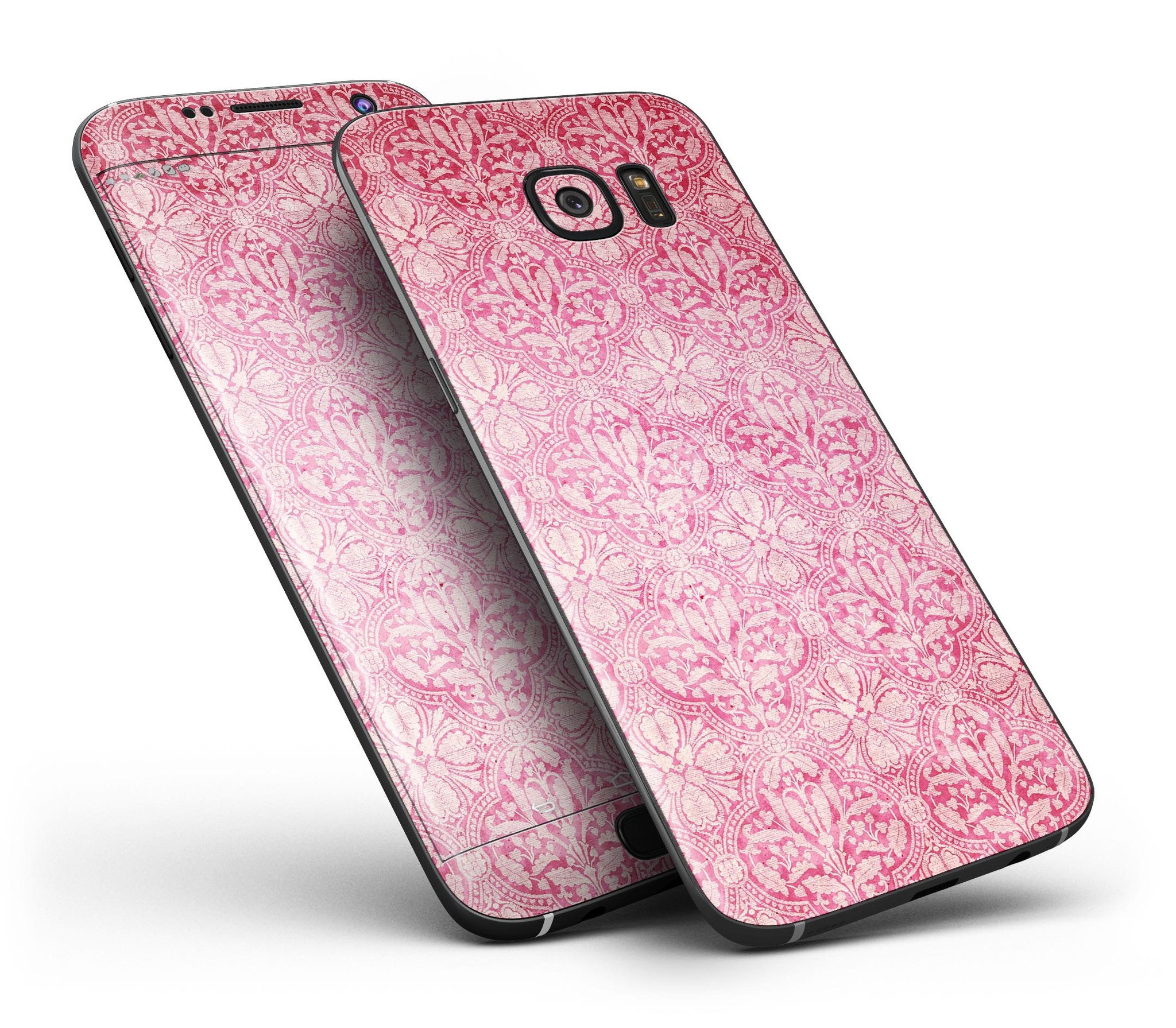 Faded Deep Pink Damask Pattern skin kit for Samsung Galaxy S7/S7 Edge, showcasing its stylish design and premium vinyl material.