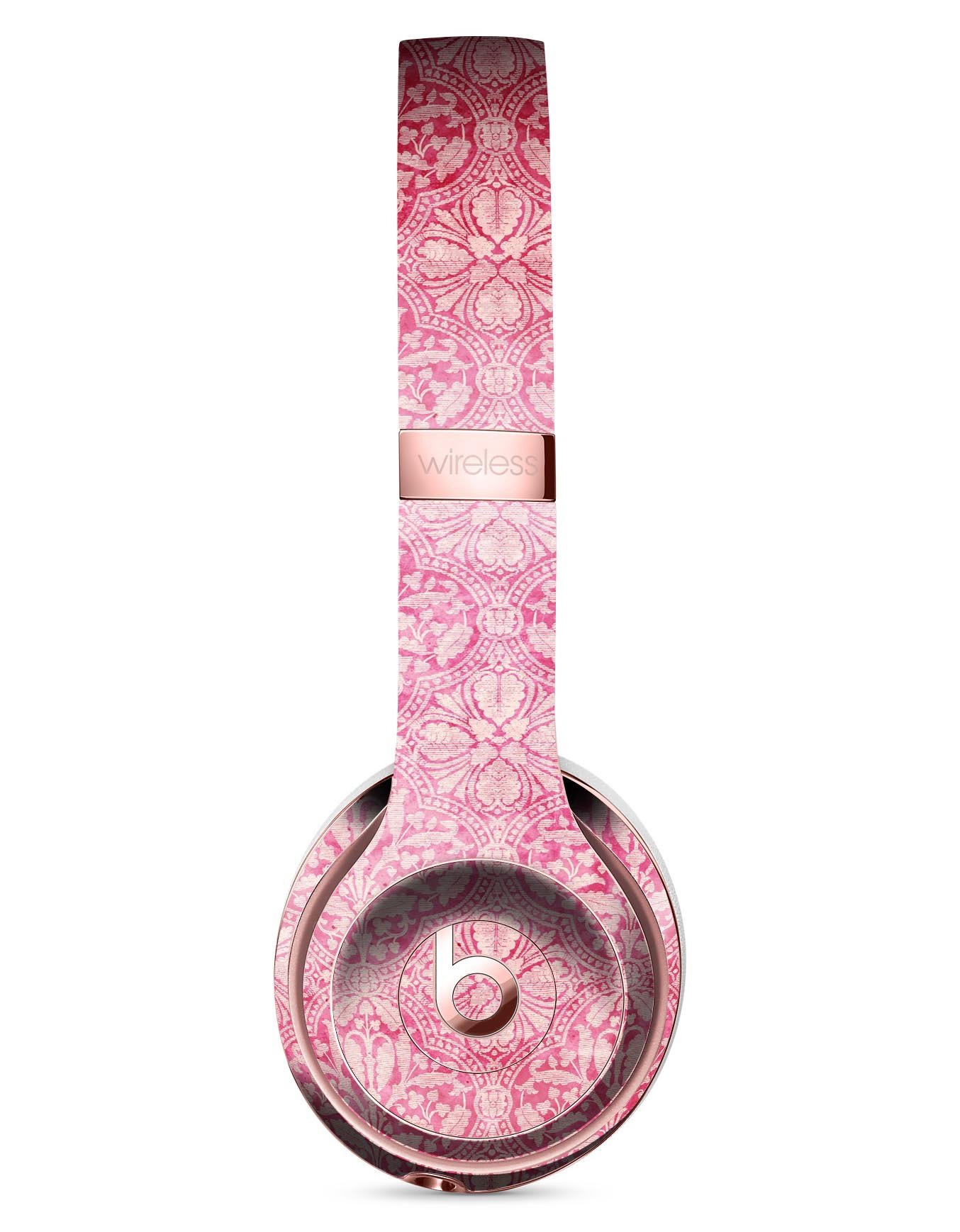 Faded Deep Pink Damask Pattern Skin Kit for Beats by Dre Solo 3 Wireless Headphones, showcasing intricate design and premium vinyl material.
