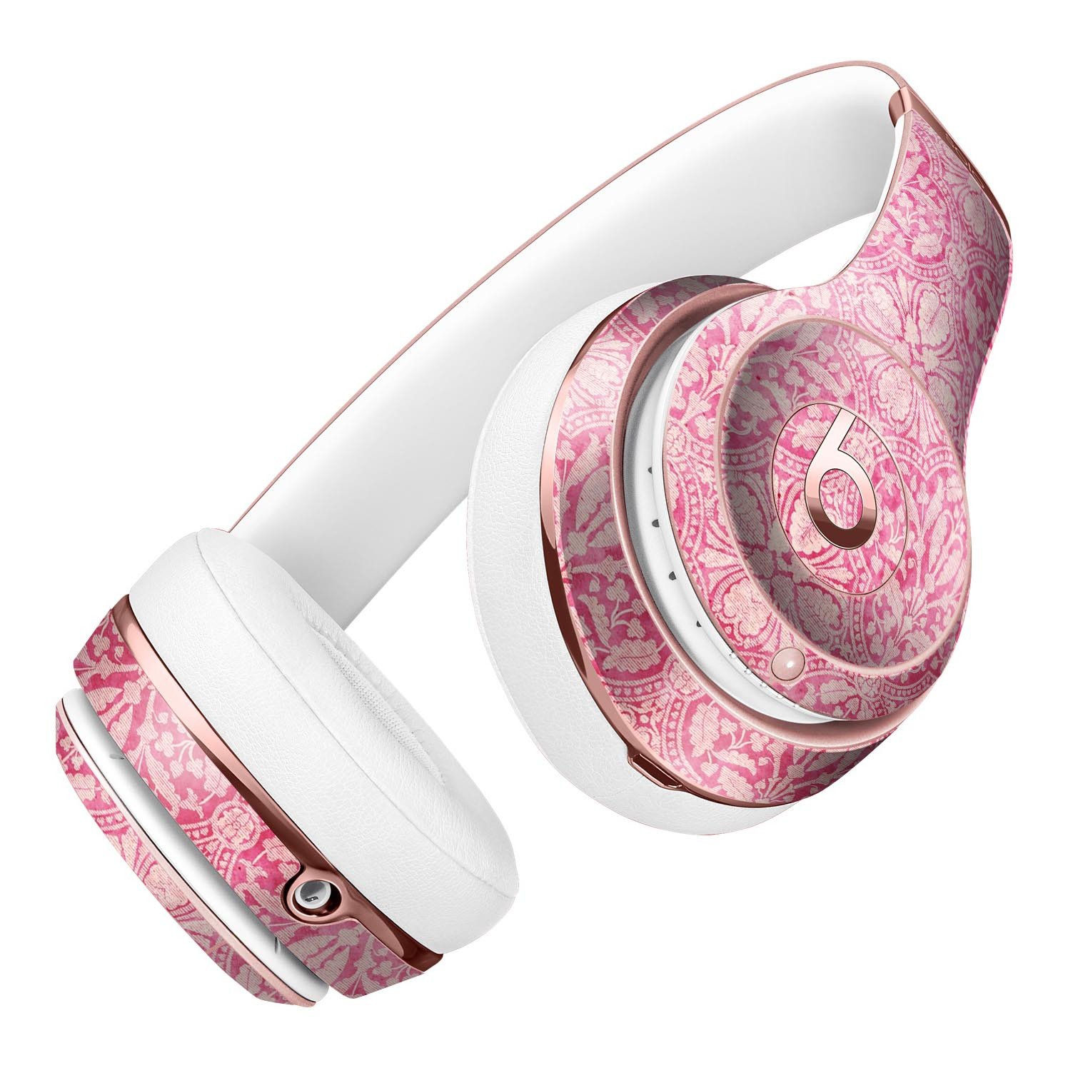 Faded Deep Pink Damask Pattern Skin Kit for Beats by Dre Solo 3 Wireless Headphones, showcasing intricate design and premium vinyl material.