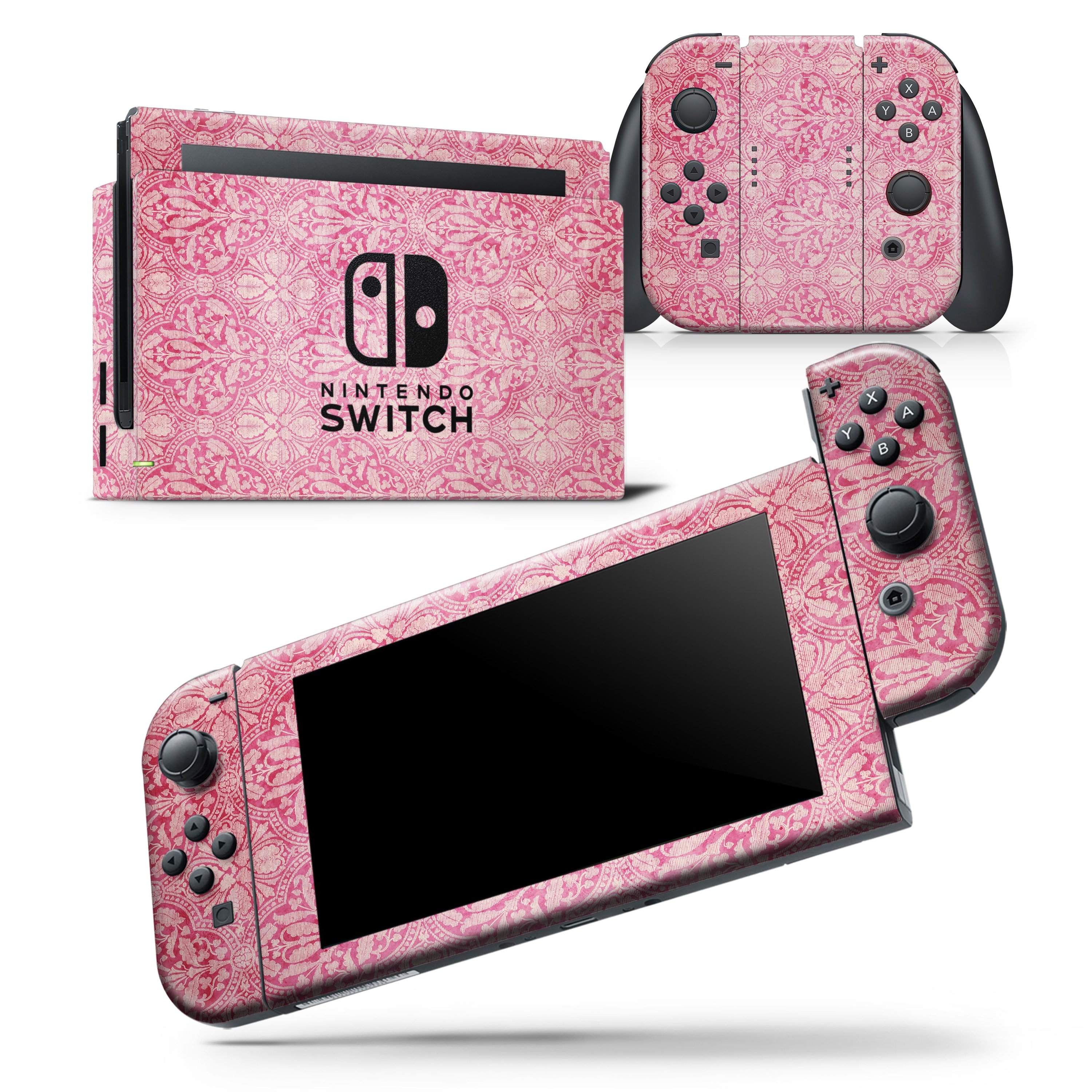 Faded Deep Pink Damask Pattern Skin Wrap Decal for Nintendo Switch, showcasing a stylish design that fits snugly on the console and controllers.
