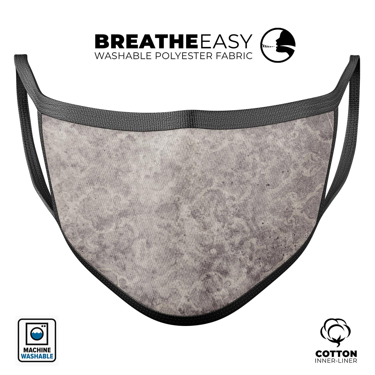 Faded Gray Cauliflower Damask Pattern mouth cover, showcasing a stylish design with adjustable ear loops.