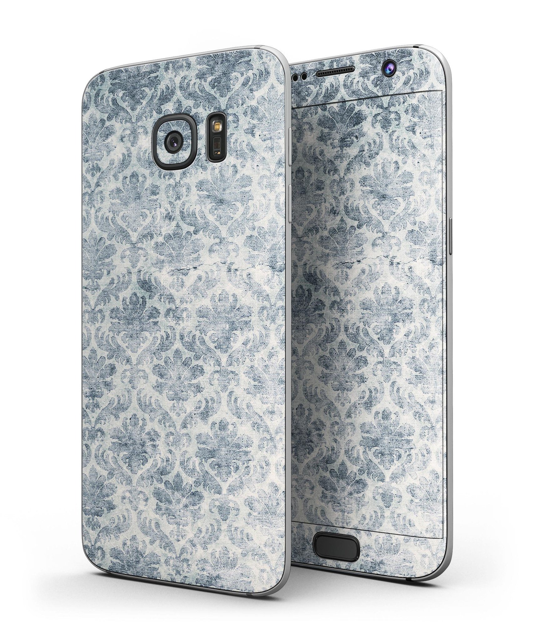 Faded Navy Floral Damask Pattern Skin-Kit for Samsung Galaxy S7/S7 Edge, showcasing vibrant floral design and premium vinyl material.