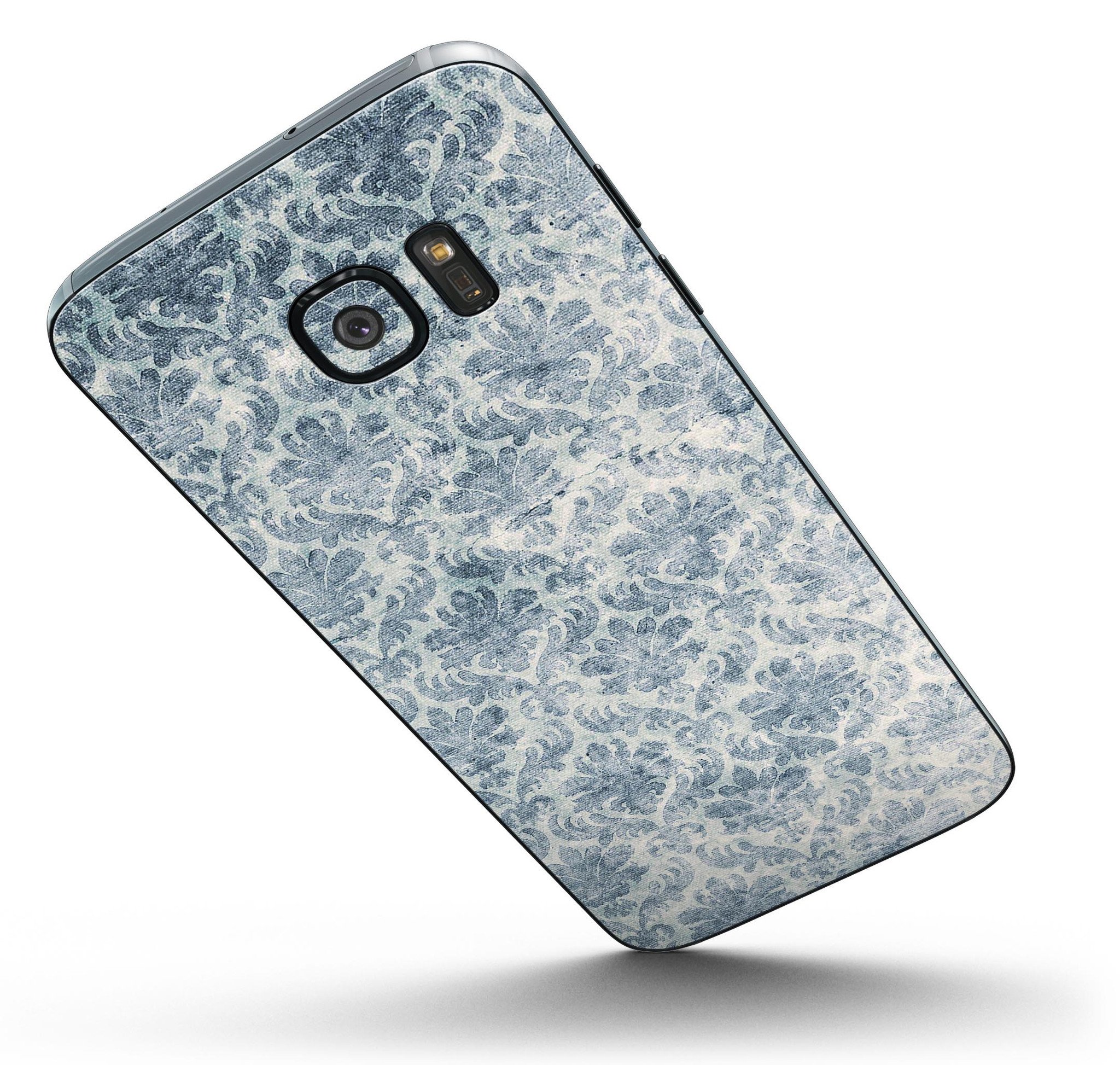 Faded Navy Floral Damask Pattern Skin-Kit for Samsung Galaxy S7/S7 Edge, showcasing vibrant floral design and premium vinyl material.