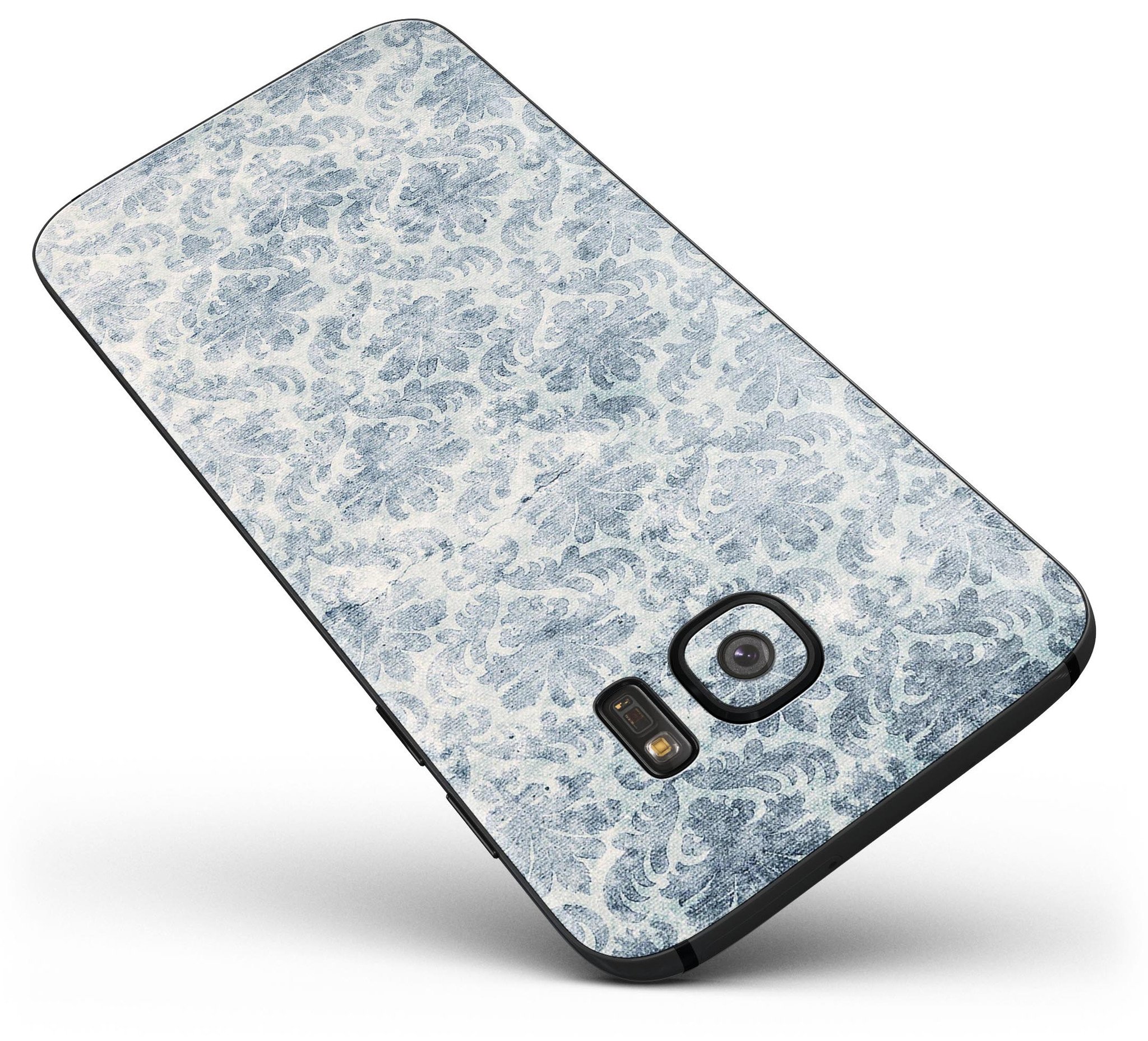 Faded Navy Floral Damask Pattern Skin-Kit for Samsung Galaxy S7/S7 Edge, showcasing vibrant floral design and premium vinyl material.