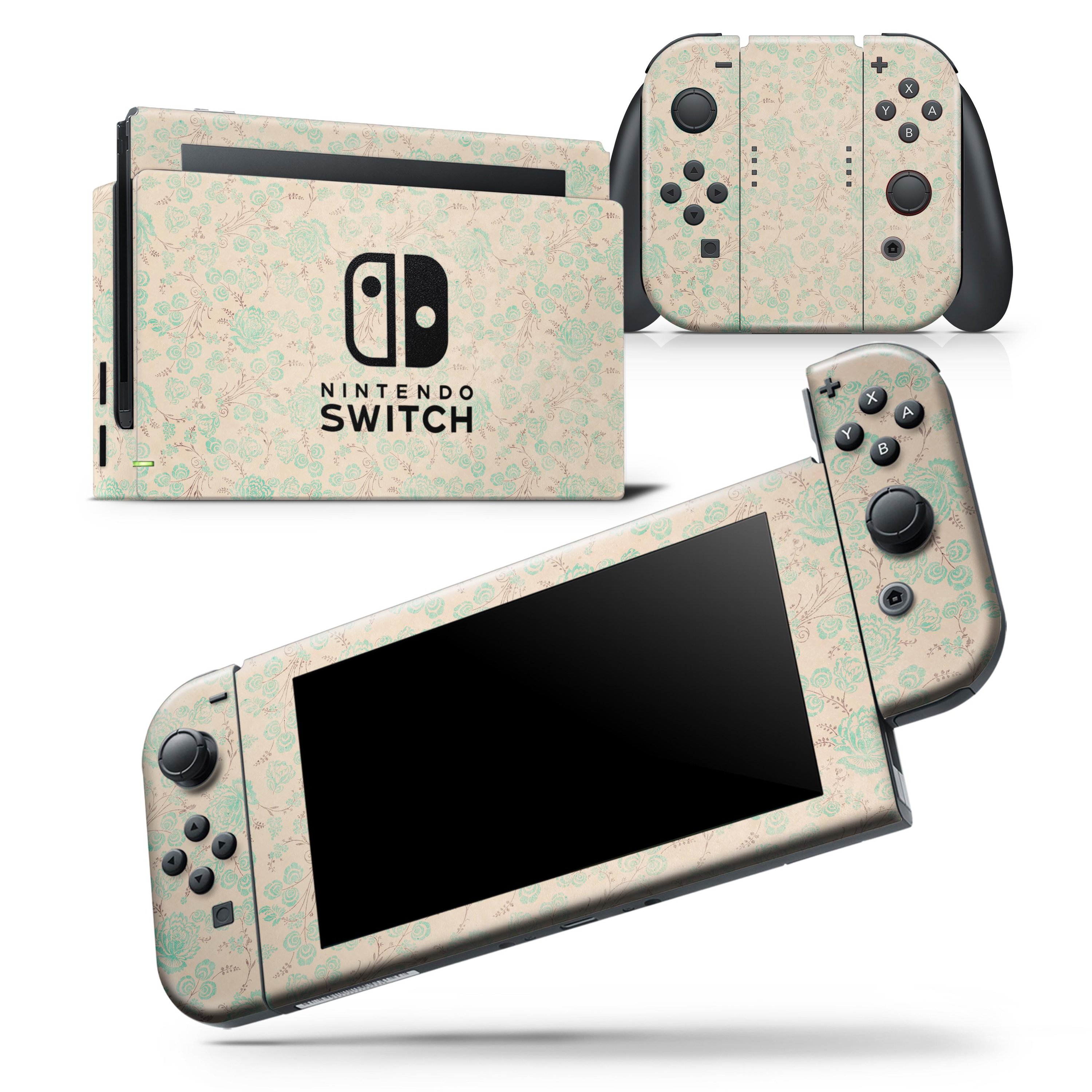 Faded Pale Teal Floral Sequence skin wrap decal for Nintendo Switch, showcasing a vibrant floral design with a soft-touch finish.