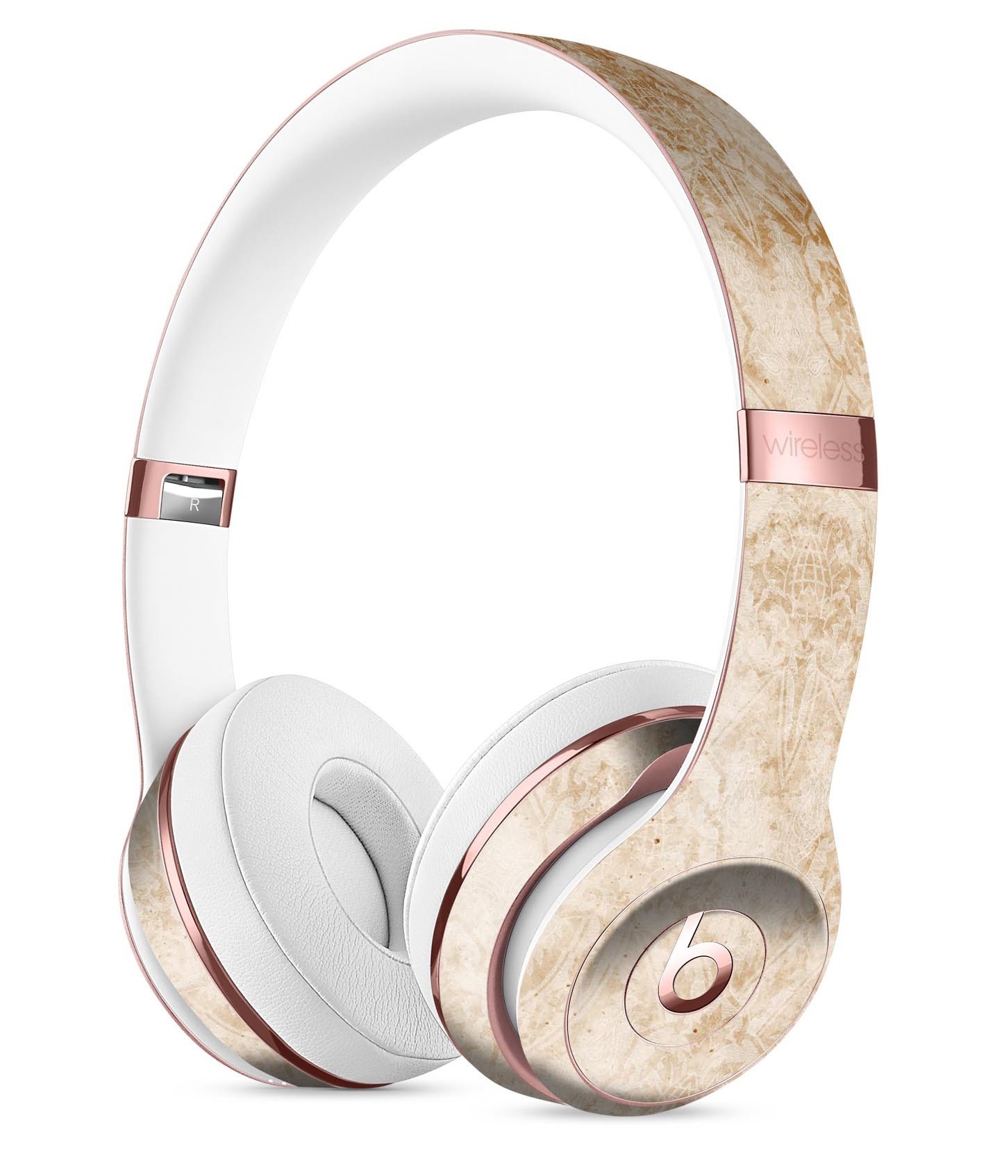 Faded Tan and Brown Ribbon Damask Pattern Skin Kit for Beats by Dre Solo 3 Wireless Headphones, showcasing stylish design and premium vinyl material.