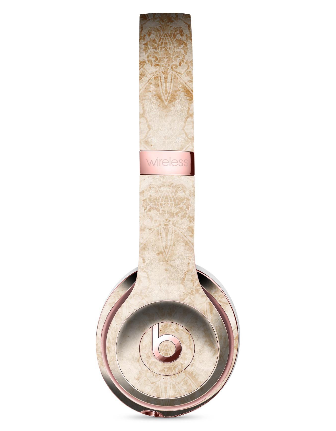 Faded Tan and Brown Ribbon Damask Pattern Skin Kit for Beats by Dre Solo 3 Wireless Headphones, showcasing stylish design and premium vinyl material.