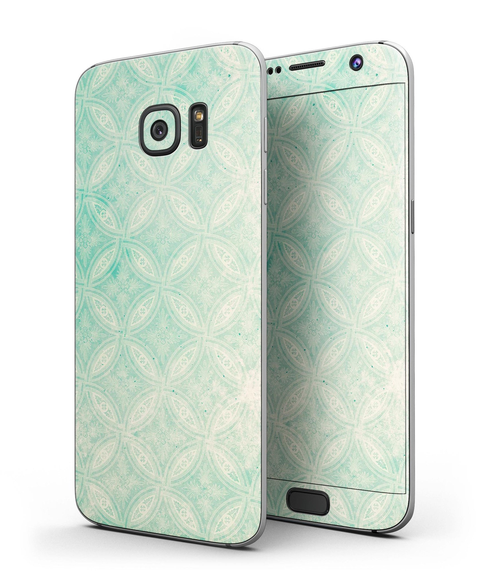Faded teal overlapping circles skin kit for Samsung Galaxy S7 and S7 Edge, showcasing full-body coverage and stylish design.