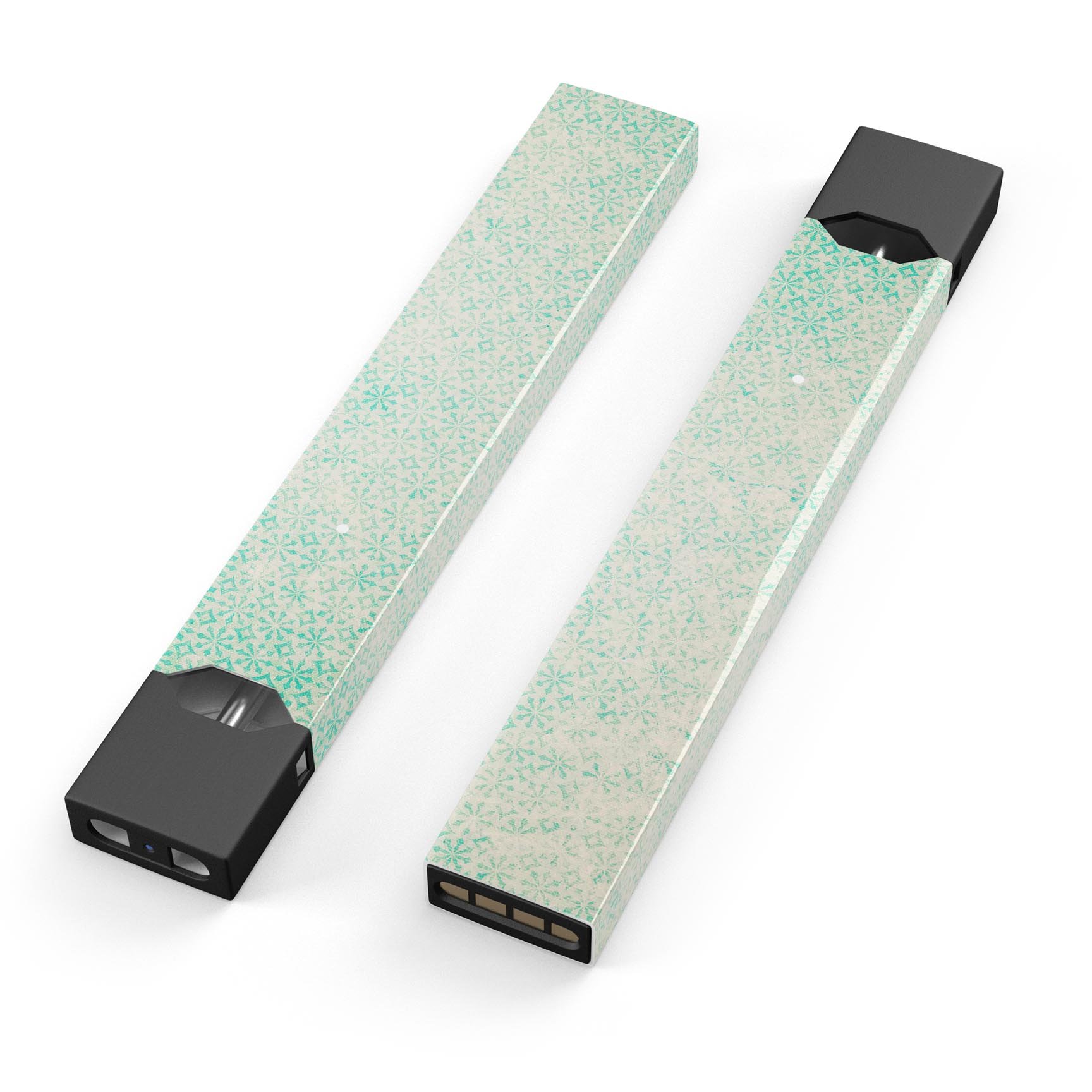 Faded teal snowflake pattern skin-wrap for JUUL device, showcasing intricate snowflake designs on a vibrant background.