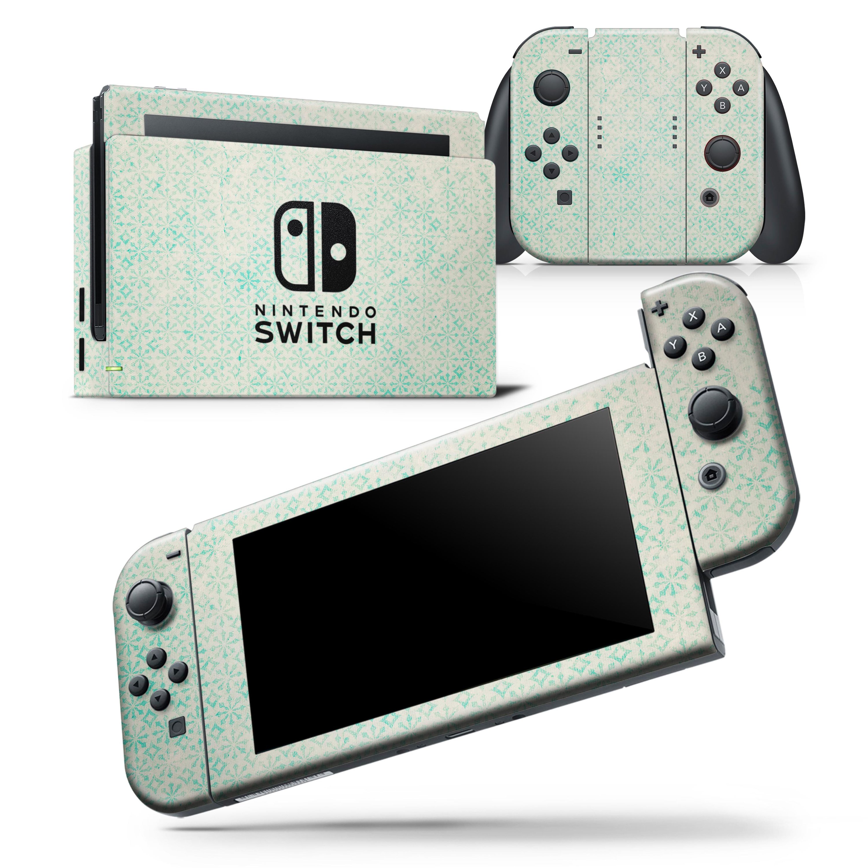 Faded teal snowflake pattern skin wrap decal for Nintendo Switch, showcasing a stylish design that fits the console and controllers perfectly.