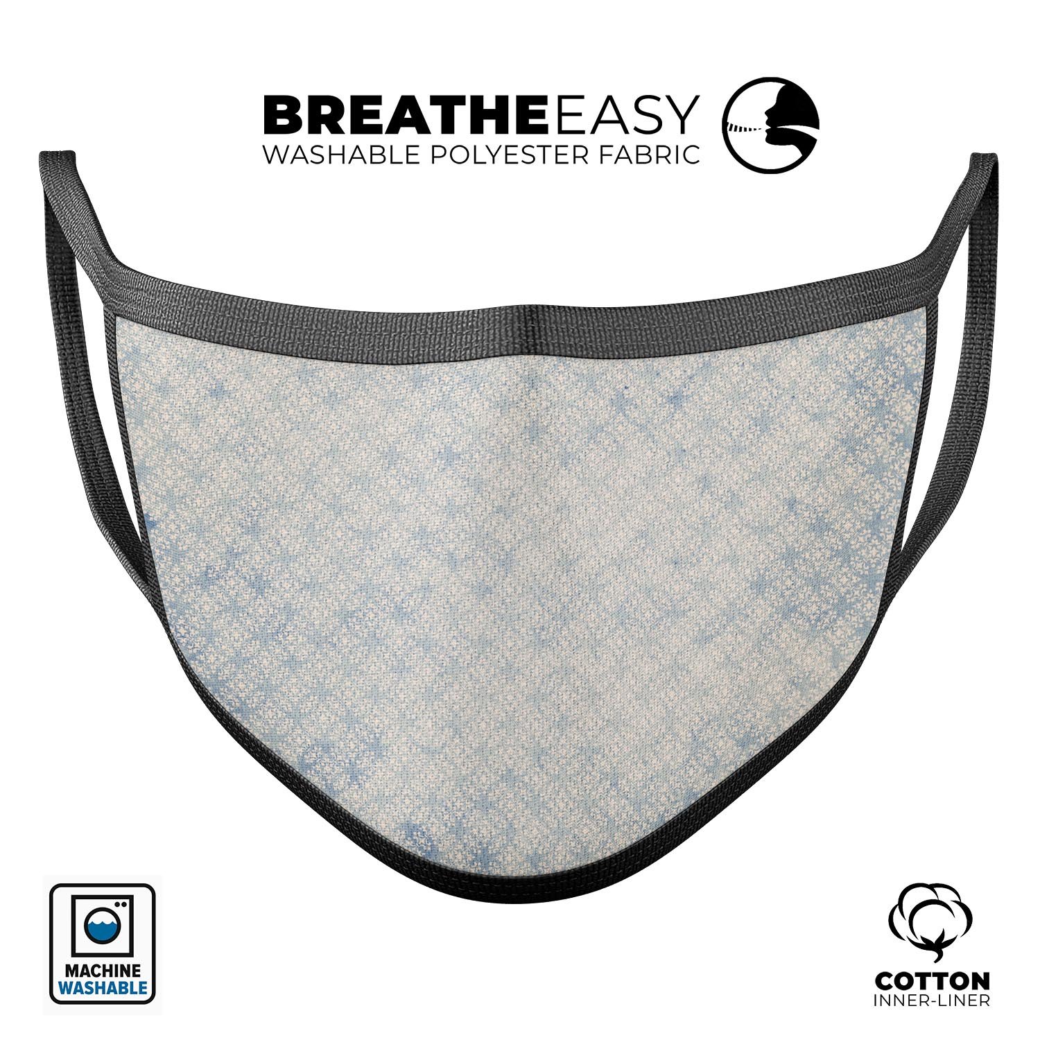 Faded white and blue interlocking squares mouth cover, showcasing a stylish design and adjustable ear loops for a perfect fit.