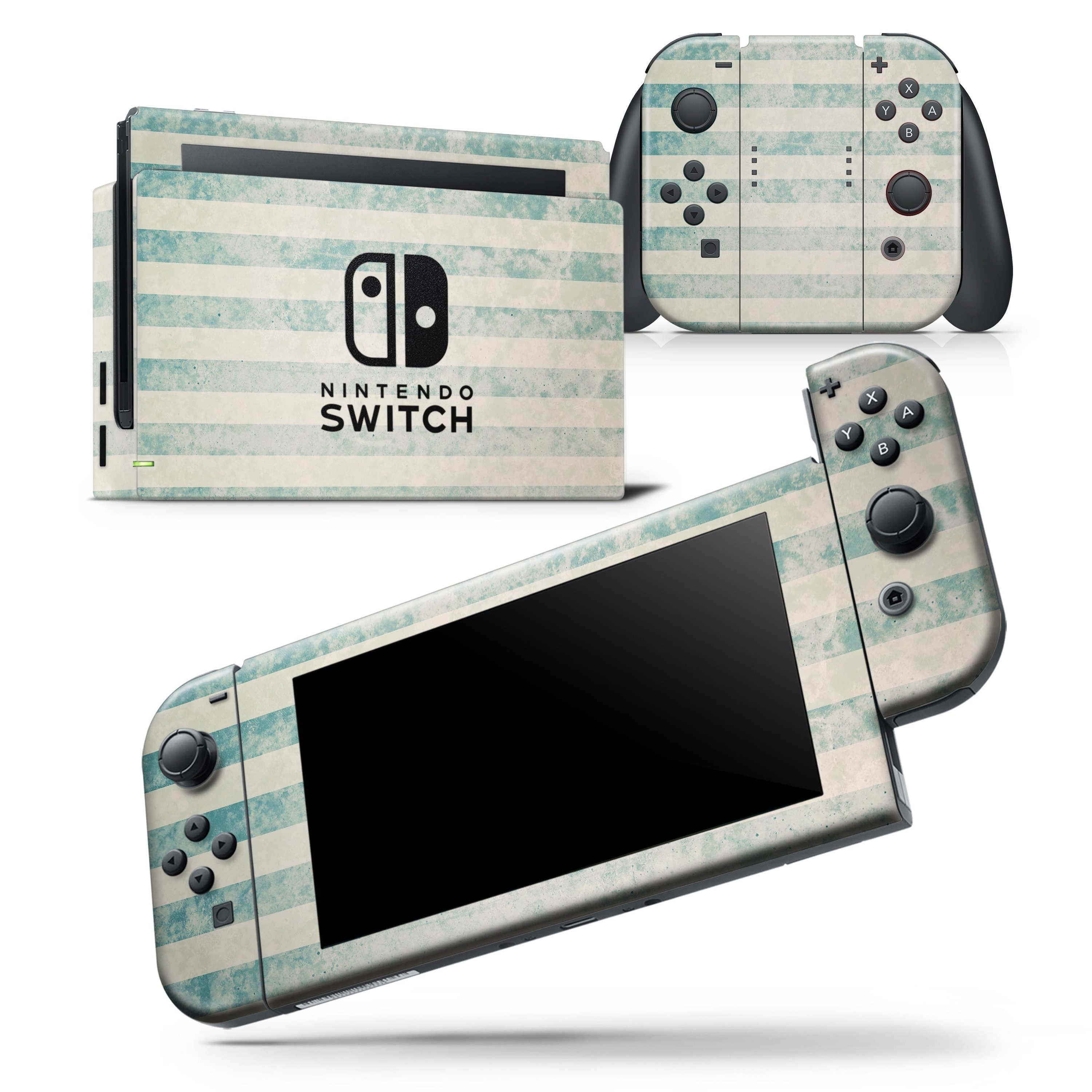 Faded white and blue scratched vertical stripes skin wrap decal for Nintendo Switch, showcasing a stylish design and premium quality.