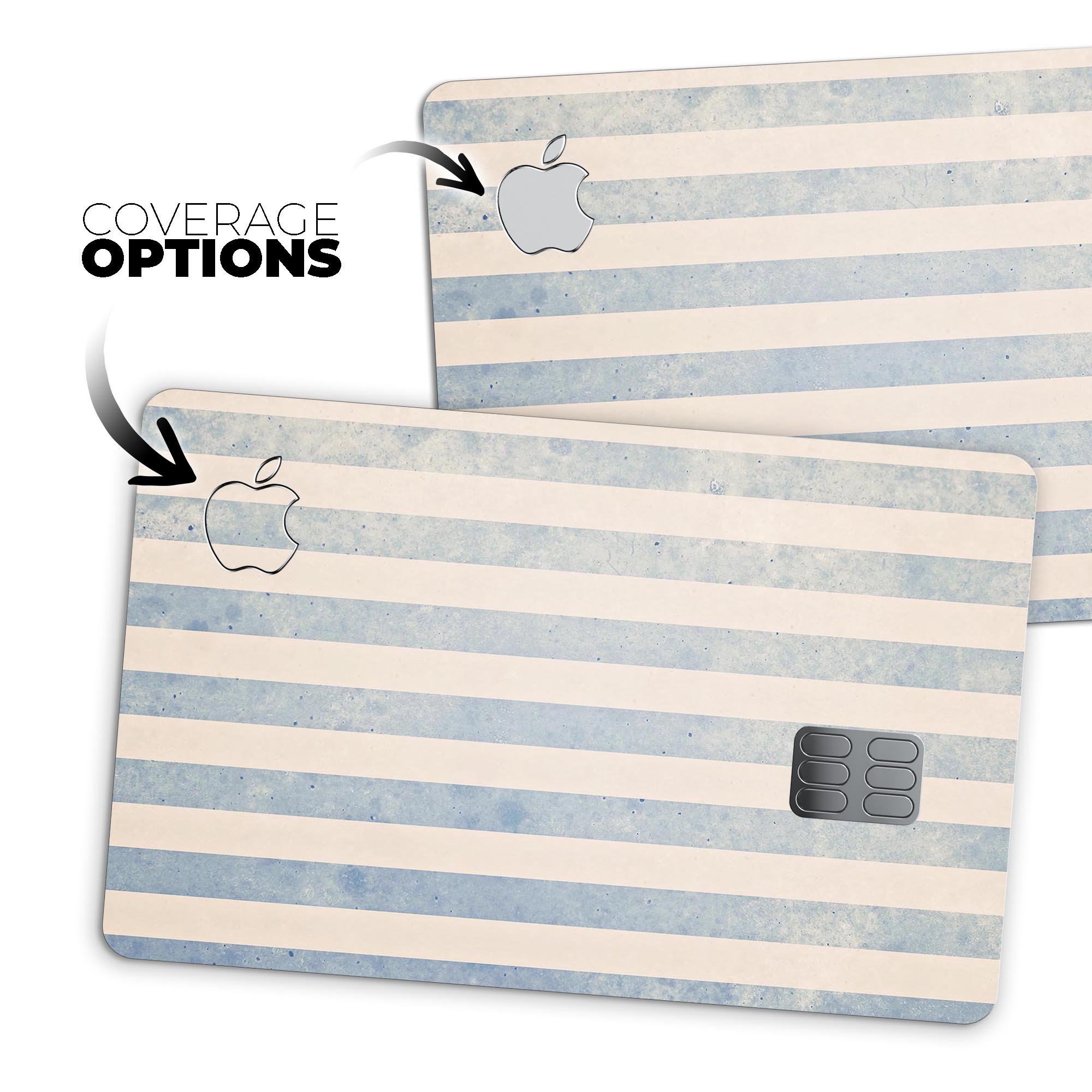 Faded White and Blue Vertical Stripes decal on an Apple Card, showcasing its premium design and protective features.