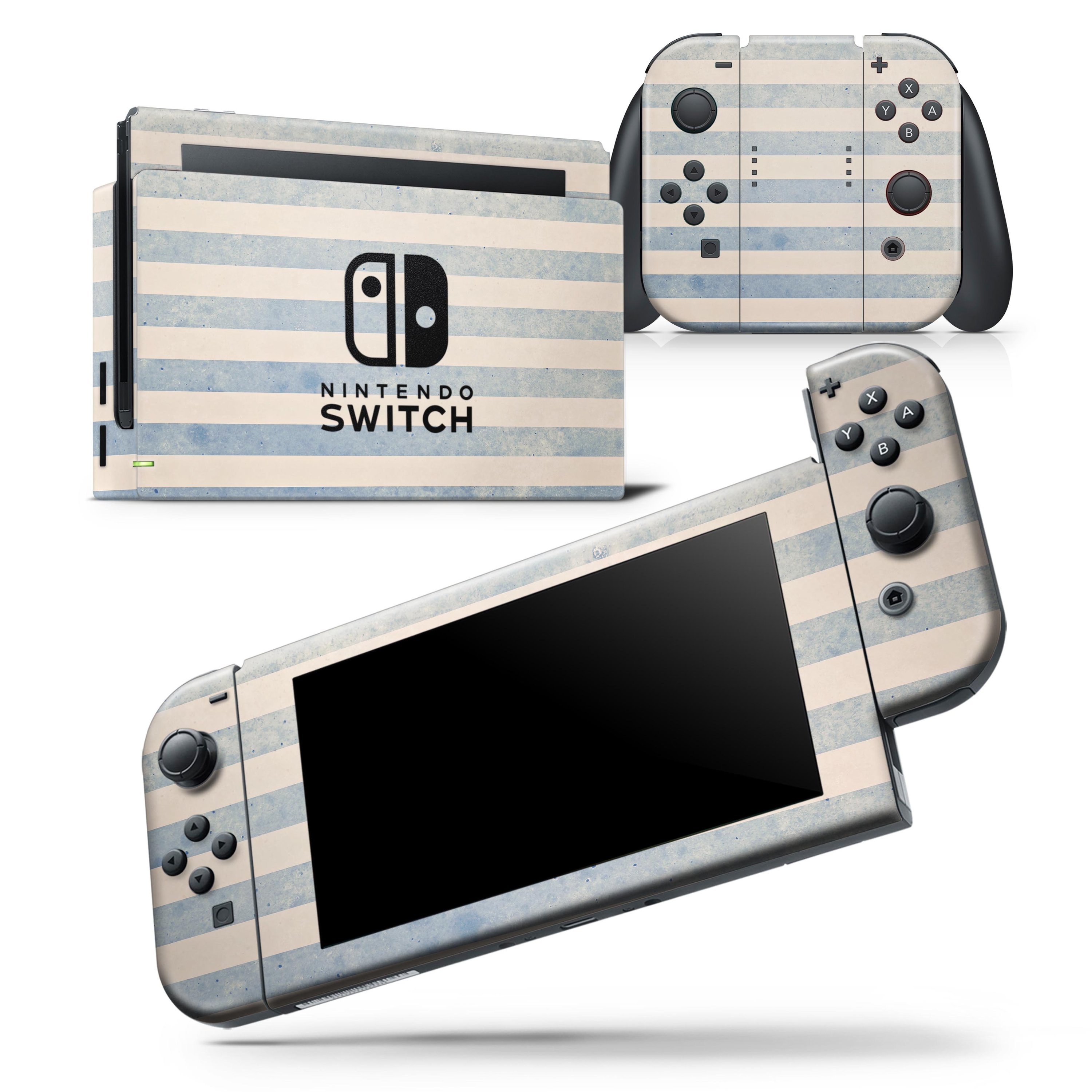 Faded white and blue vertical stripes skin wrap decal for Nintendo Switch, showcasing a stylish design that fits snugly on the console and controllers.