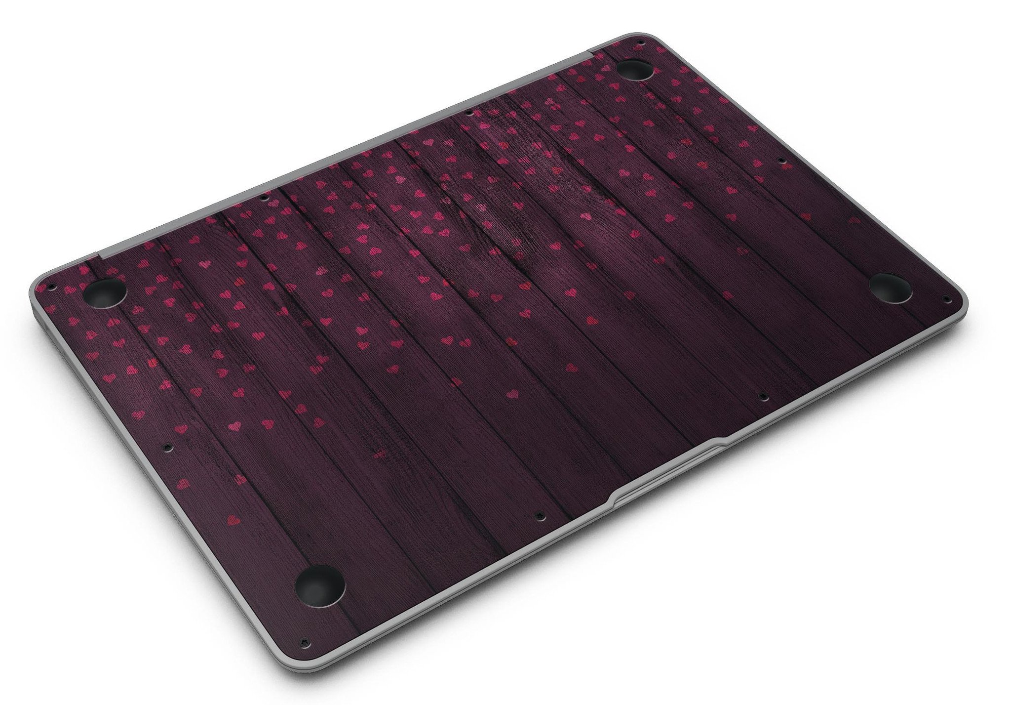 Falling Micro Hearts design on burgundy wood planks MacBook Air skin, showcasing vibrant colors and premium vinyl material.