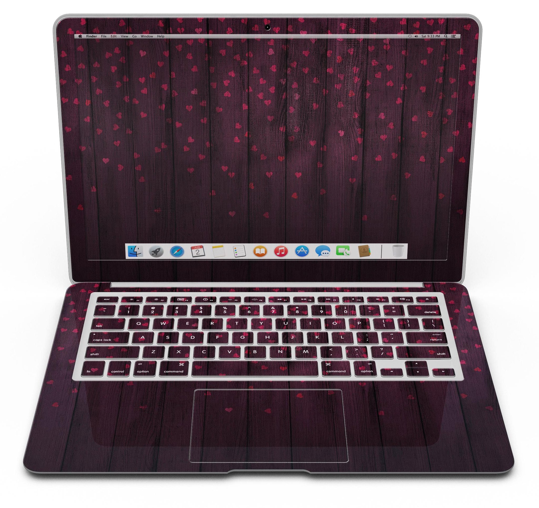 Falling Micro Hearts design on burgundy wood planks MacBook Air skin, showcasing vibrant colors and premium vinyl material.