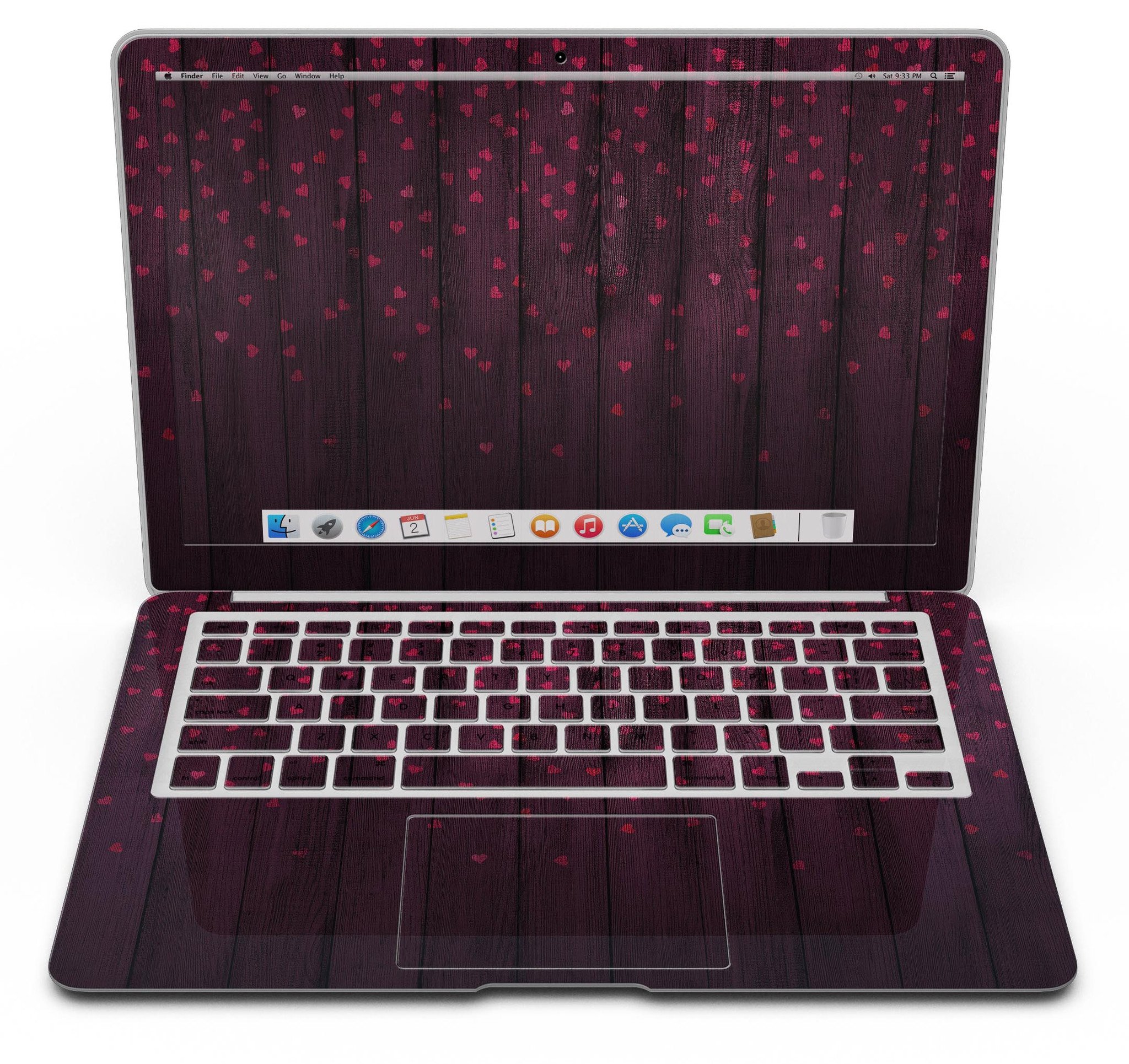 Falling Micro Hearts design on burgundy wood planks MacBook Air skin, showcasing vibrant colors and premium vinyl material.