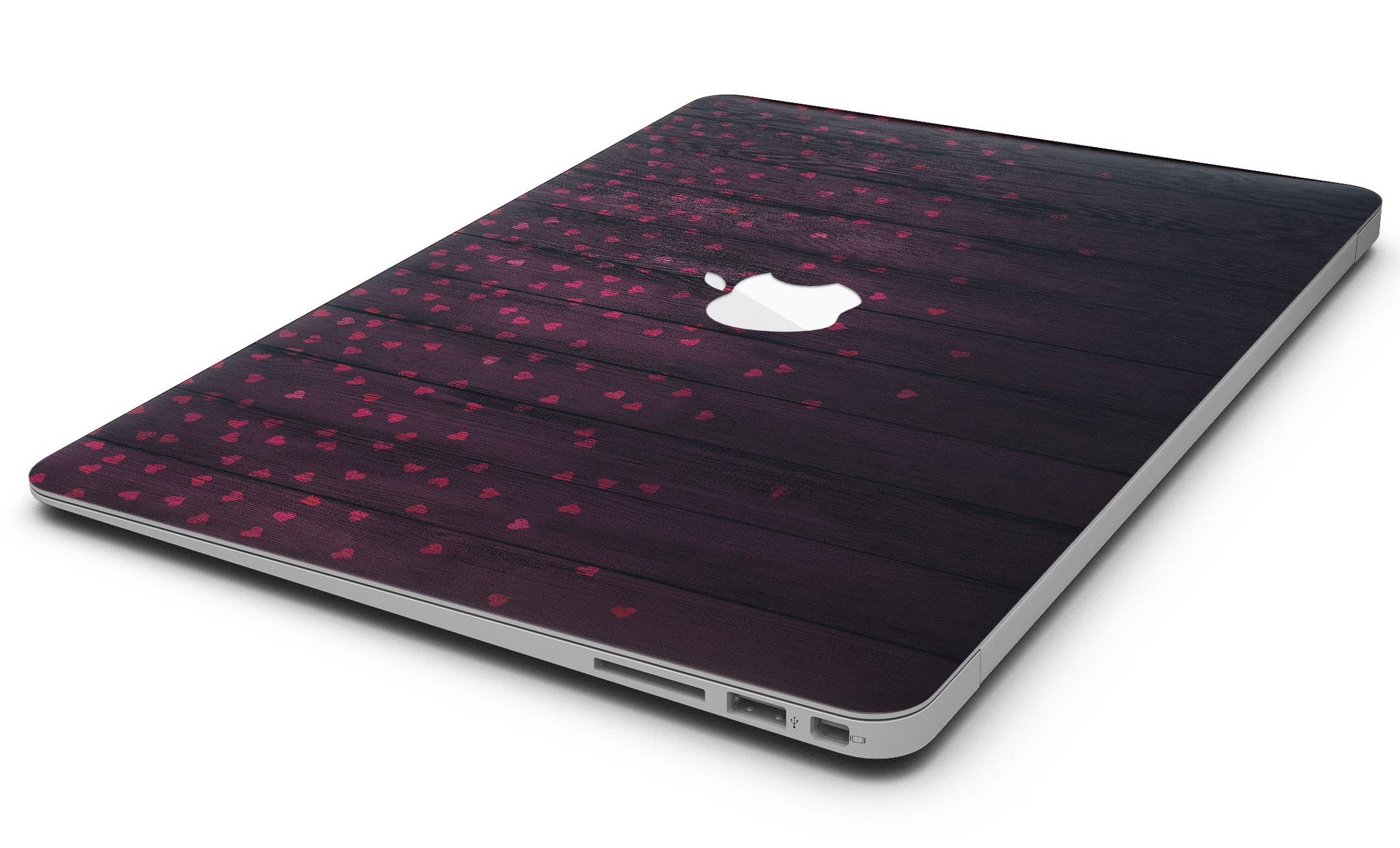 Falling Micro Hearts design on burgundy wood planks MacBook Air skin, showcasing vibrant colors and premium vinyl material.