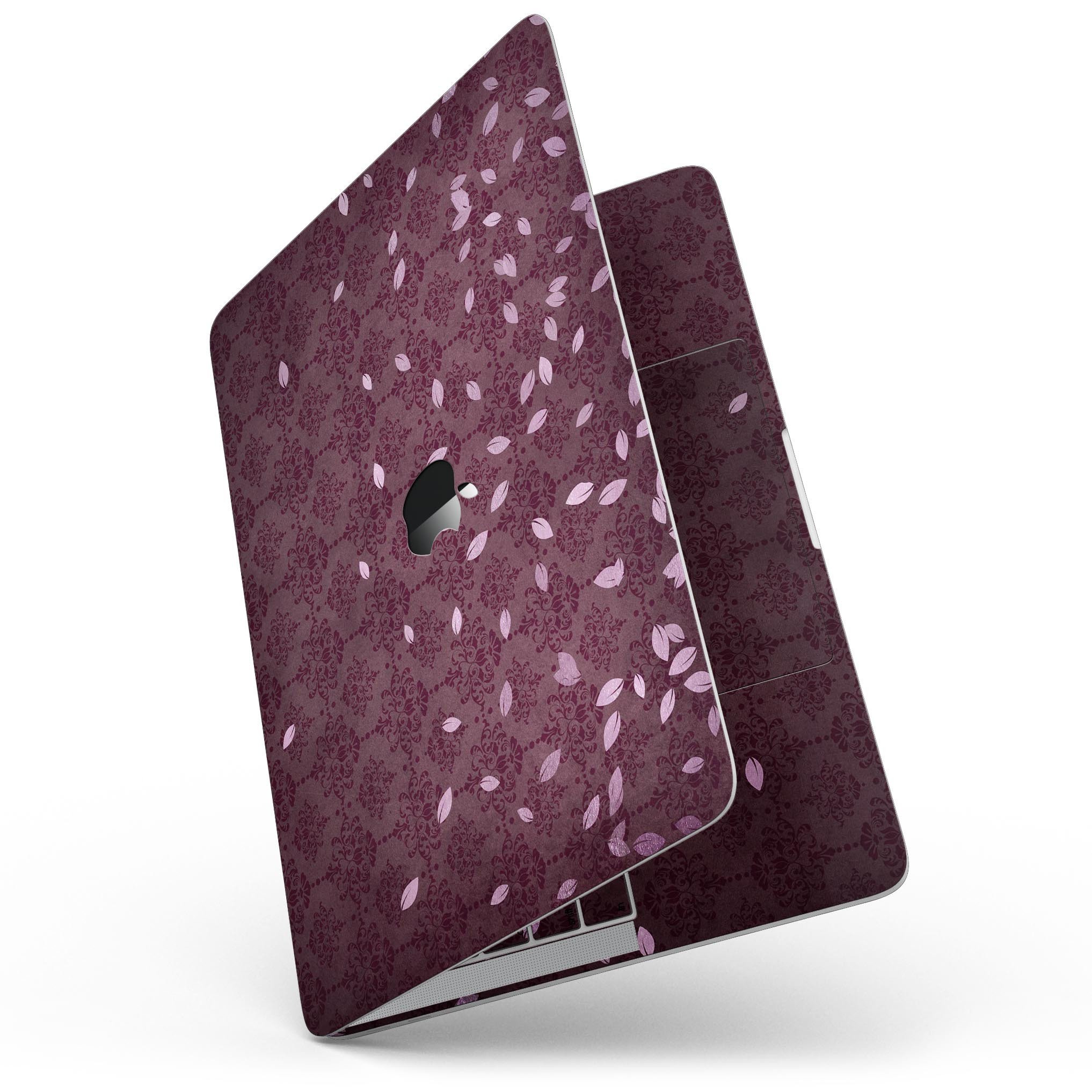 Falling Pink Petals design skin for 13" MacBook Pro, featuring a royal Burgundy pattern, showcasing vibrant colors and a sleek finish.