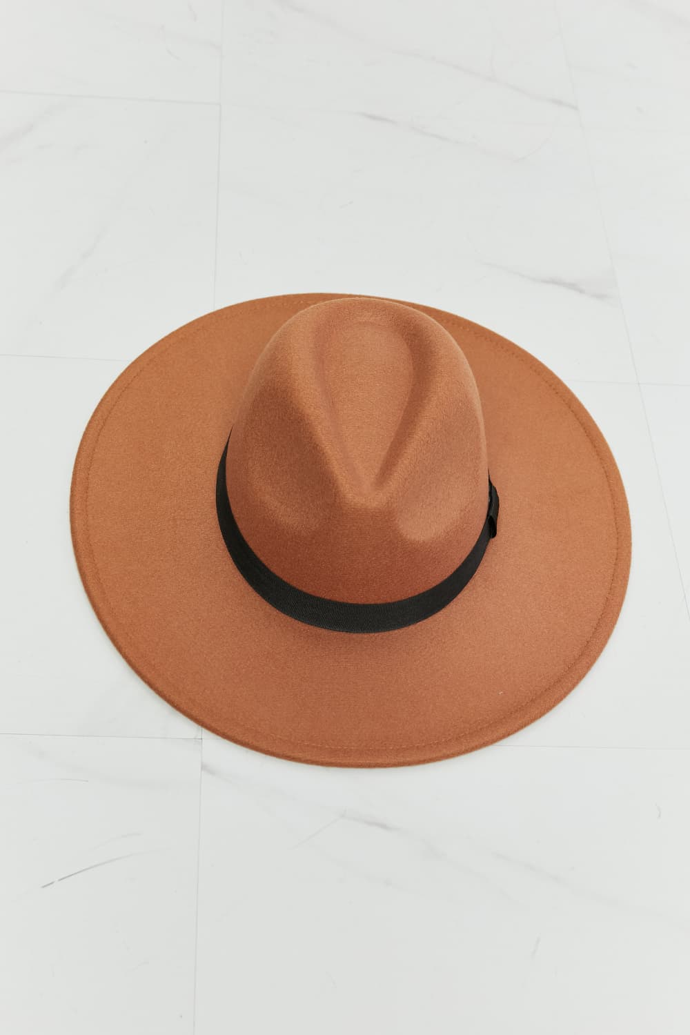 Fame Enjoy The Simple Things Fedora Hat in tan with black ribbon band, showcasing its stylish design and adjustable fit.