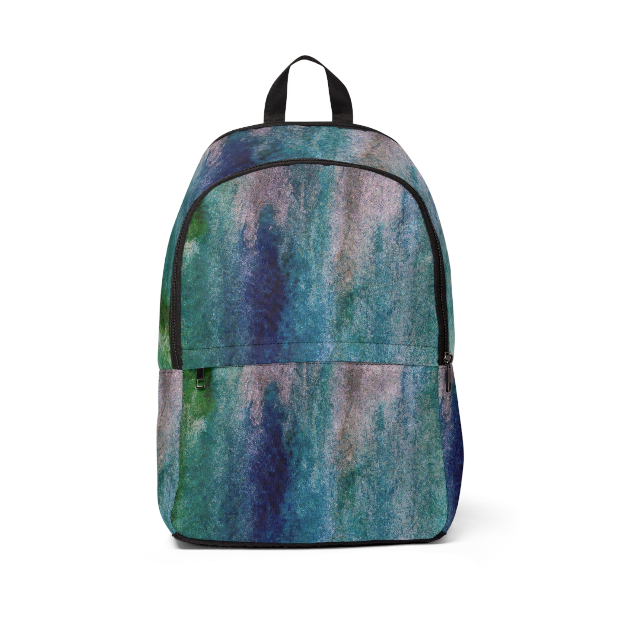 Fashion Backpack in blue hue watercolor abstract print, showcasing its stylish design and waterproof features.