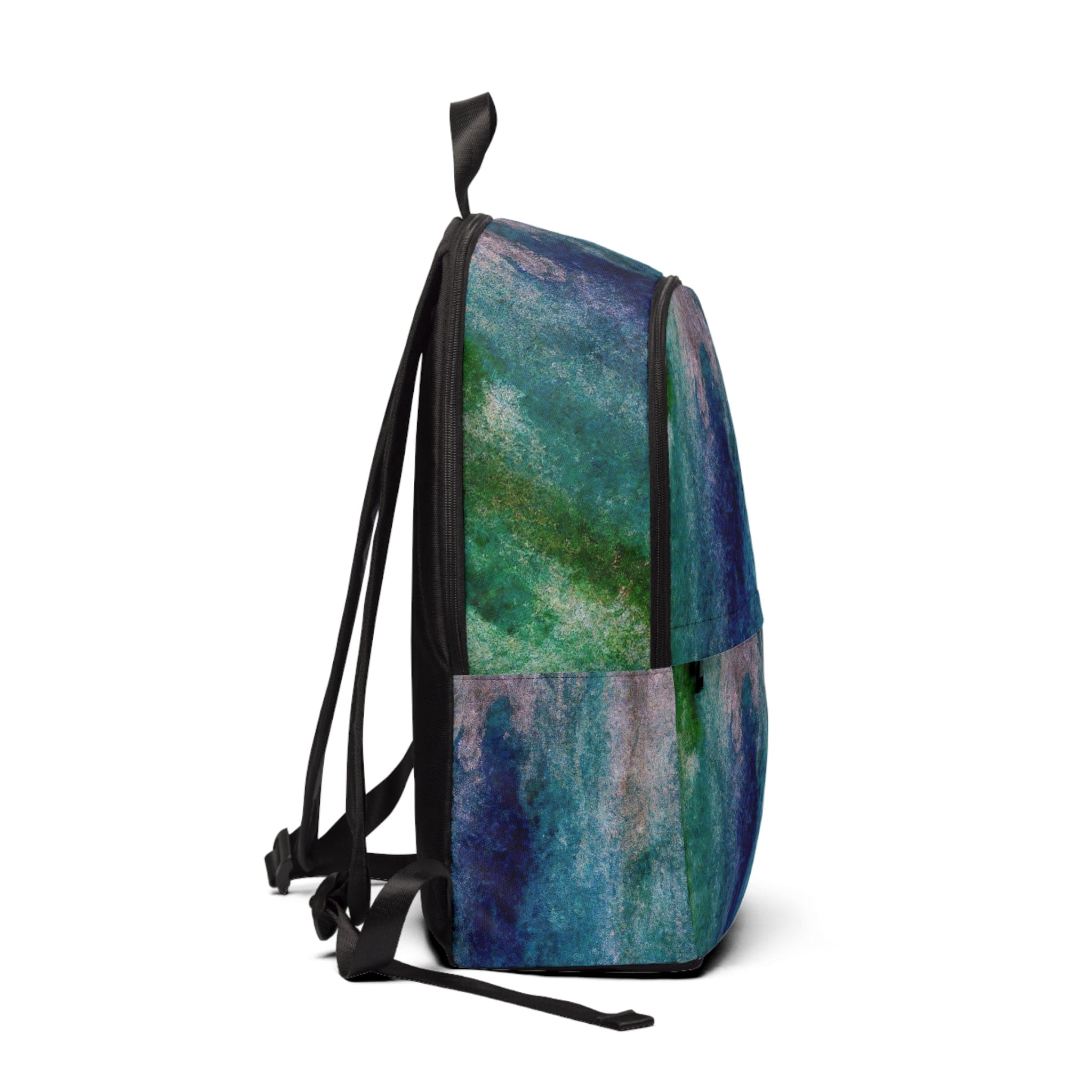 Fashion Backpack in blue hue watercolor abstract print, showcasing its stylish design and waterproof features.