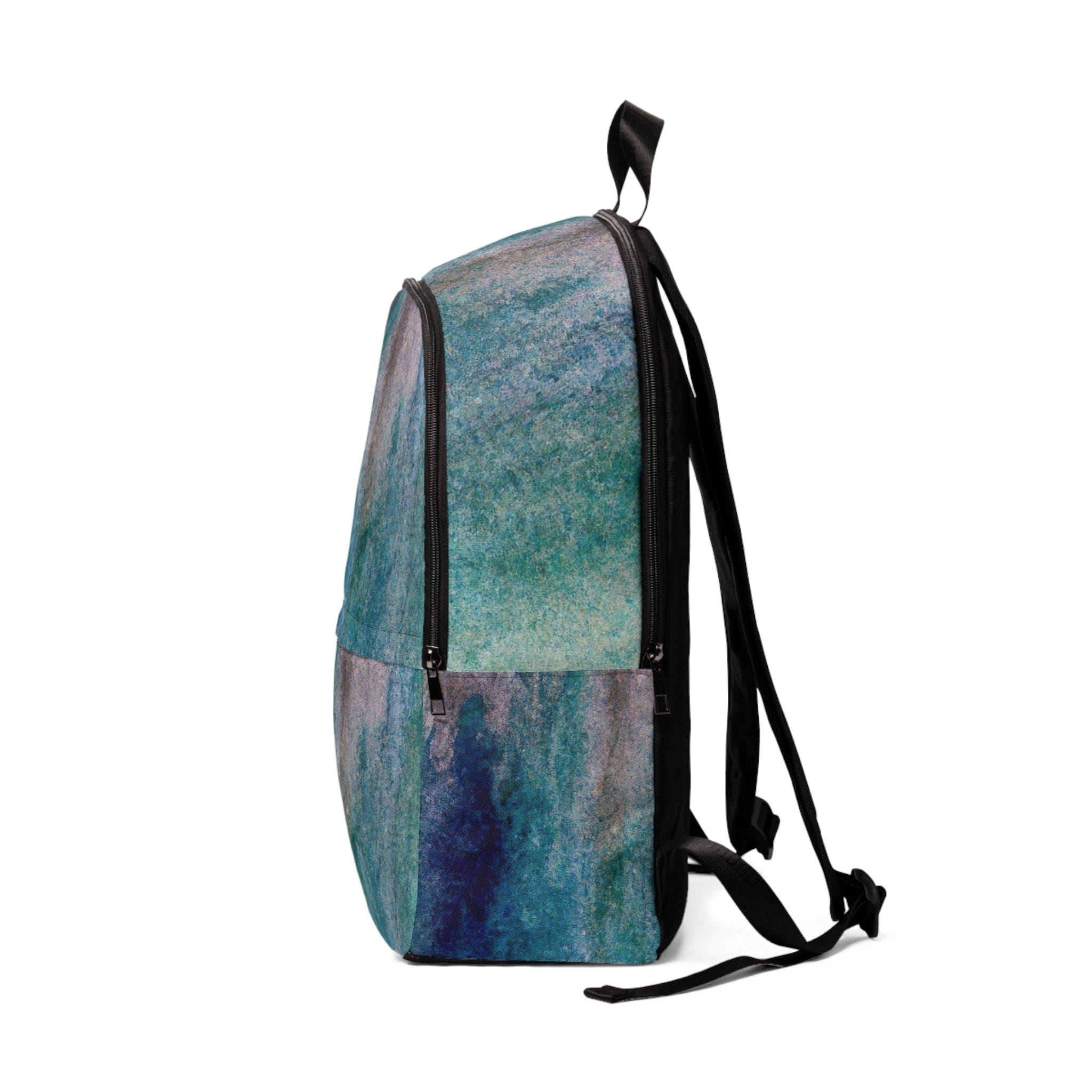 Fashion Backpack in blue hue watercolor abstract print, showcasing its stylish design and waterproof features.