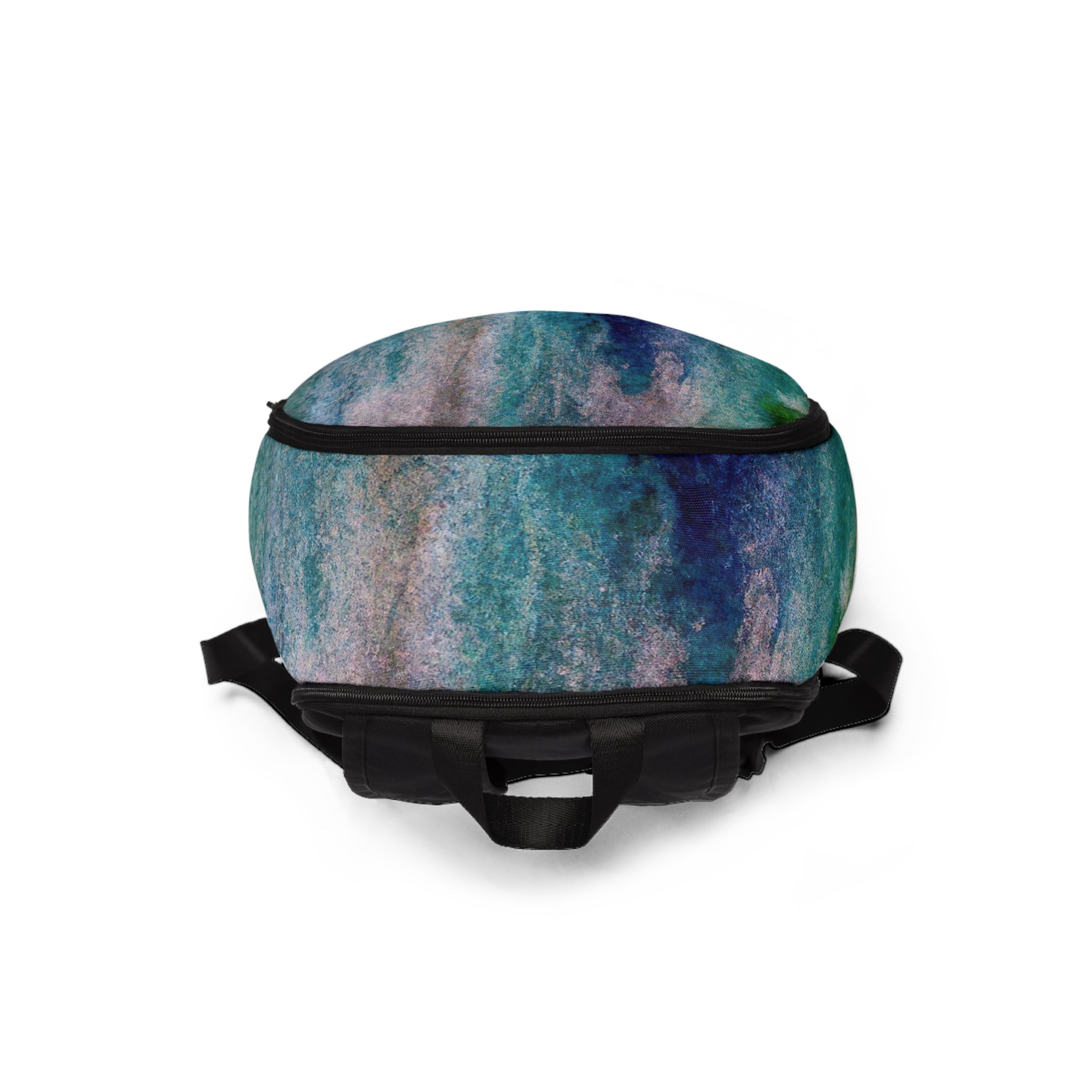 Fashion Backpack in blue hue watercolor abstract print, showcasing its stylish design and waterproof features.