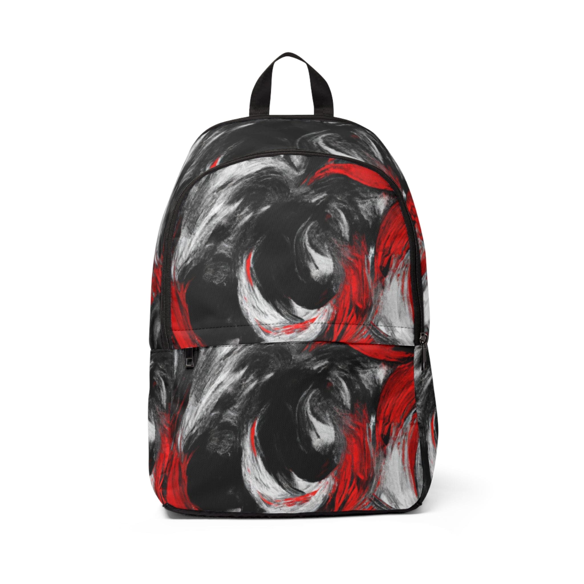 Fashion backpack featuring a waterproof black, red, and white abstract design, perfect for urban adventures and daily use.