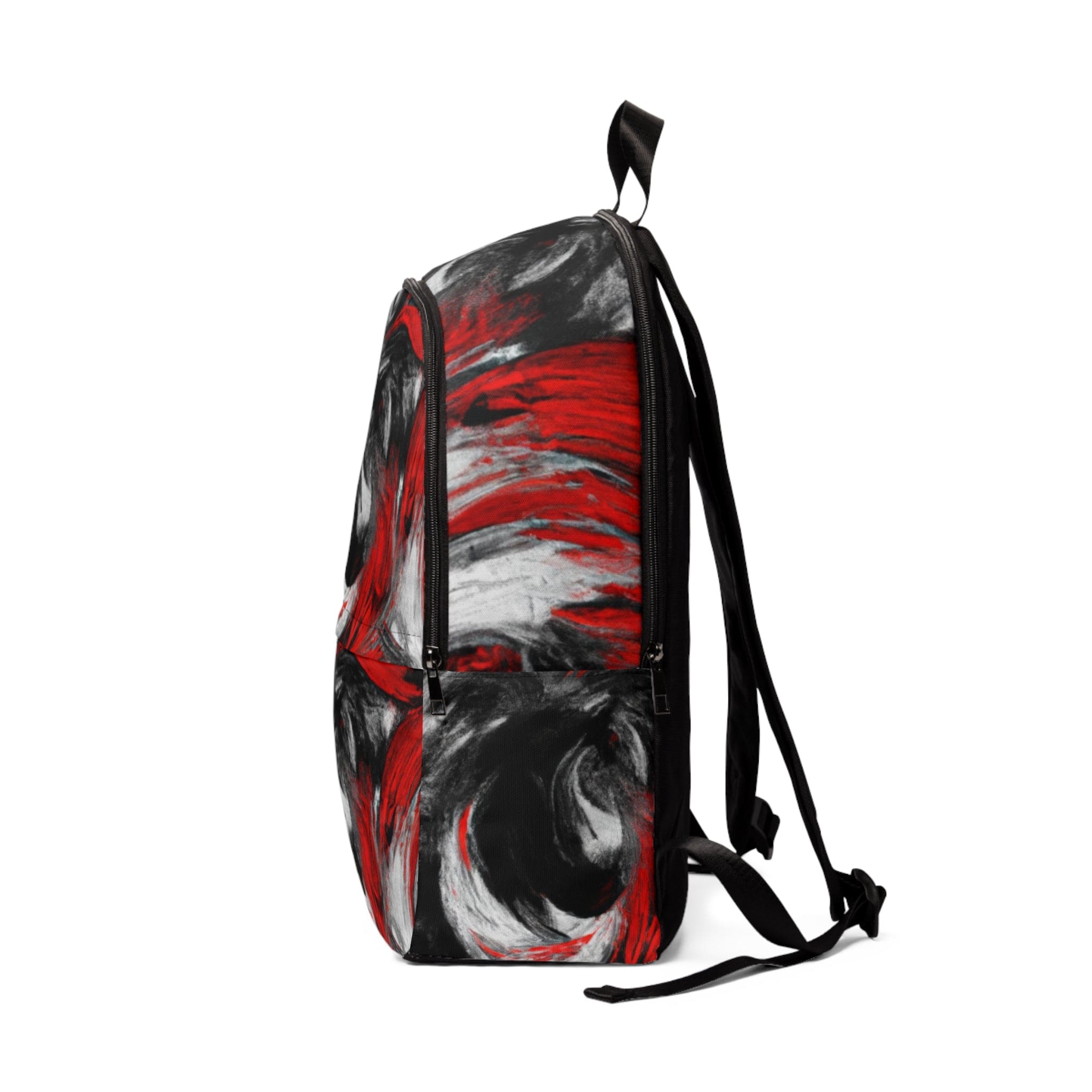 Fashion backpack featuring a waterproof black, red, and white abstract design, perfect for urban adventures and daily use.