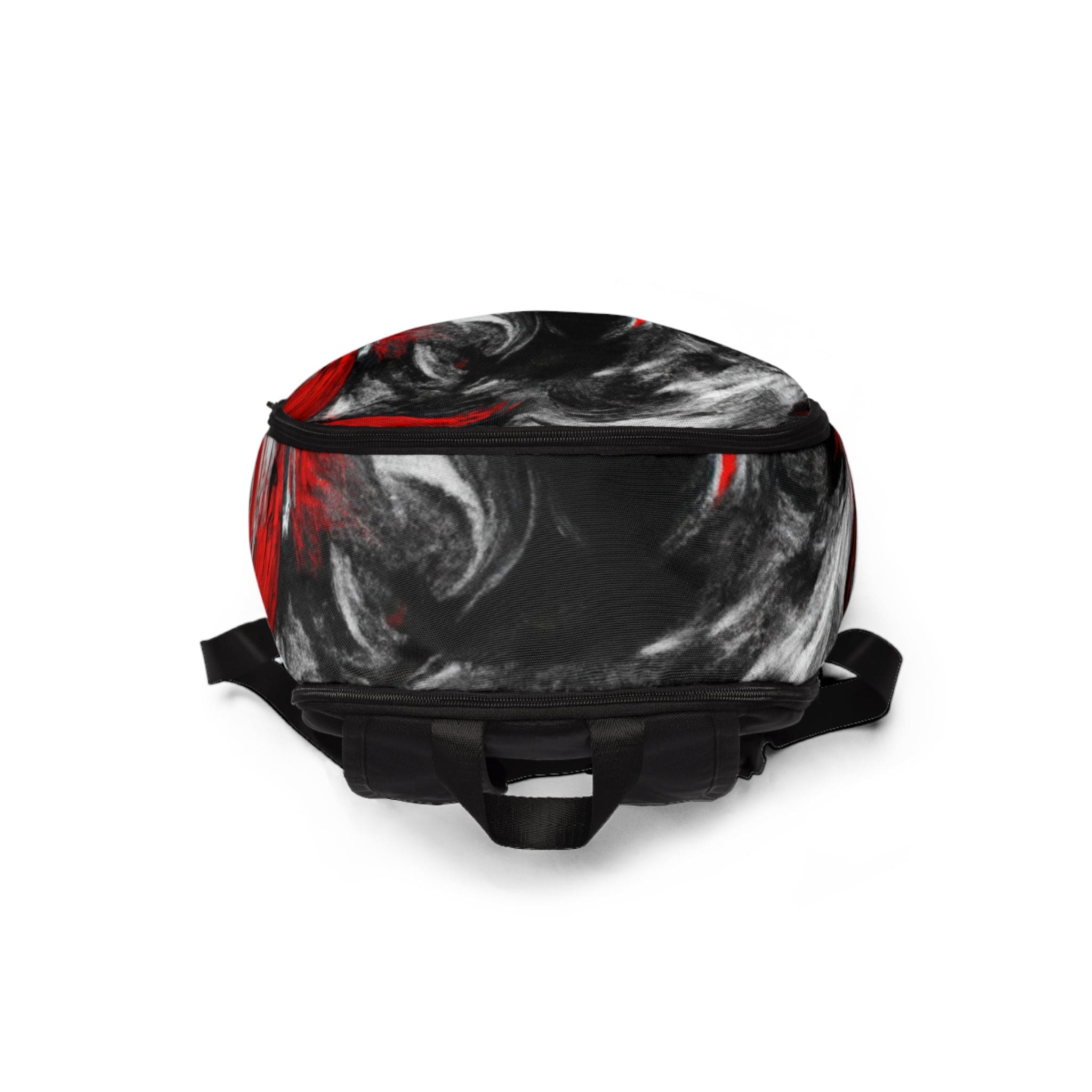 Fashion backpack featuring a waterproof black, red, and white abstract design, perfect for urban adventures and daily use.