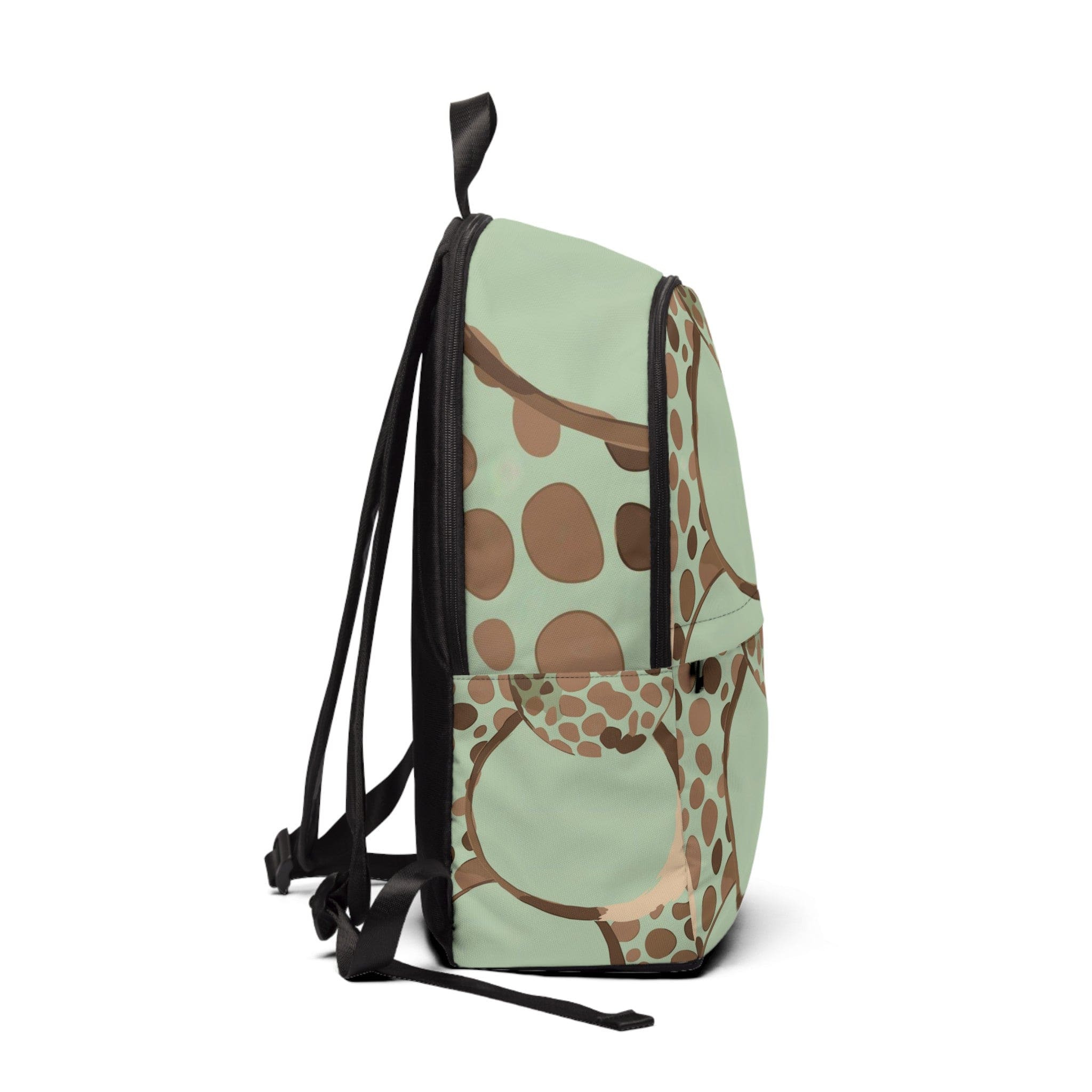 Fashion Backpack in waterproof green beige spotted print, featuring adjustable straps and trendy design.