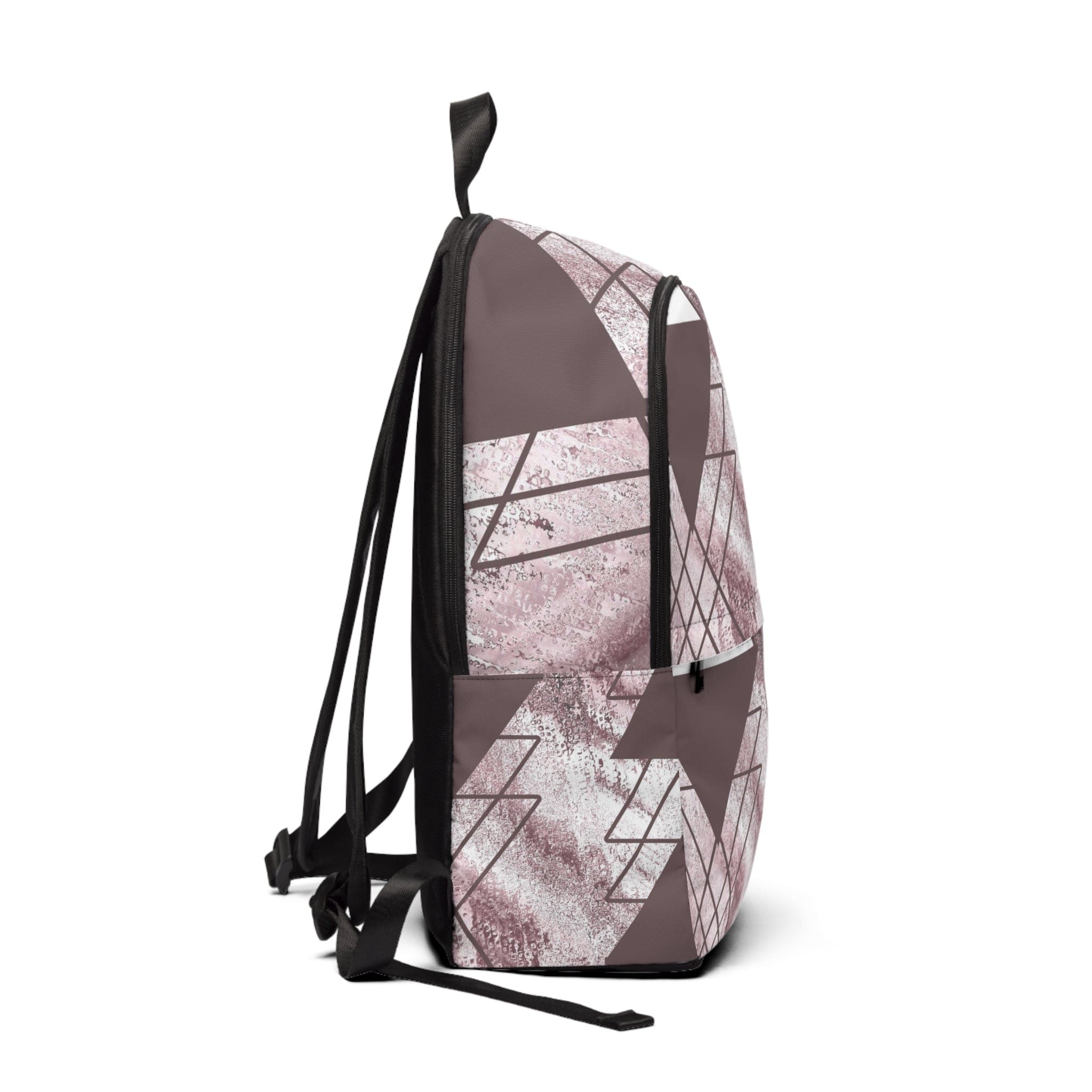 Fashion Backpack in Mauve Rose and White with Triangular Colorblock design, showcasing its stylish and waterproof features.