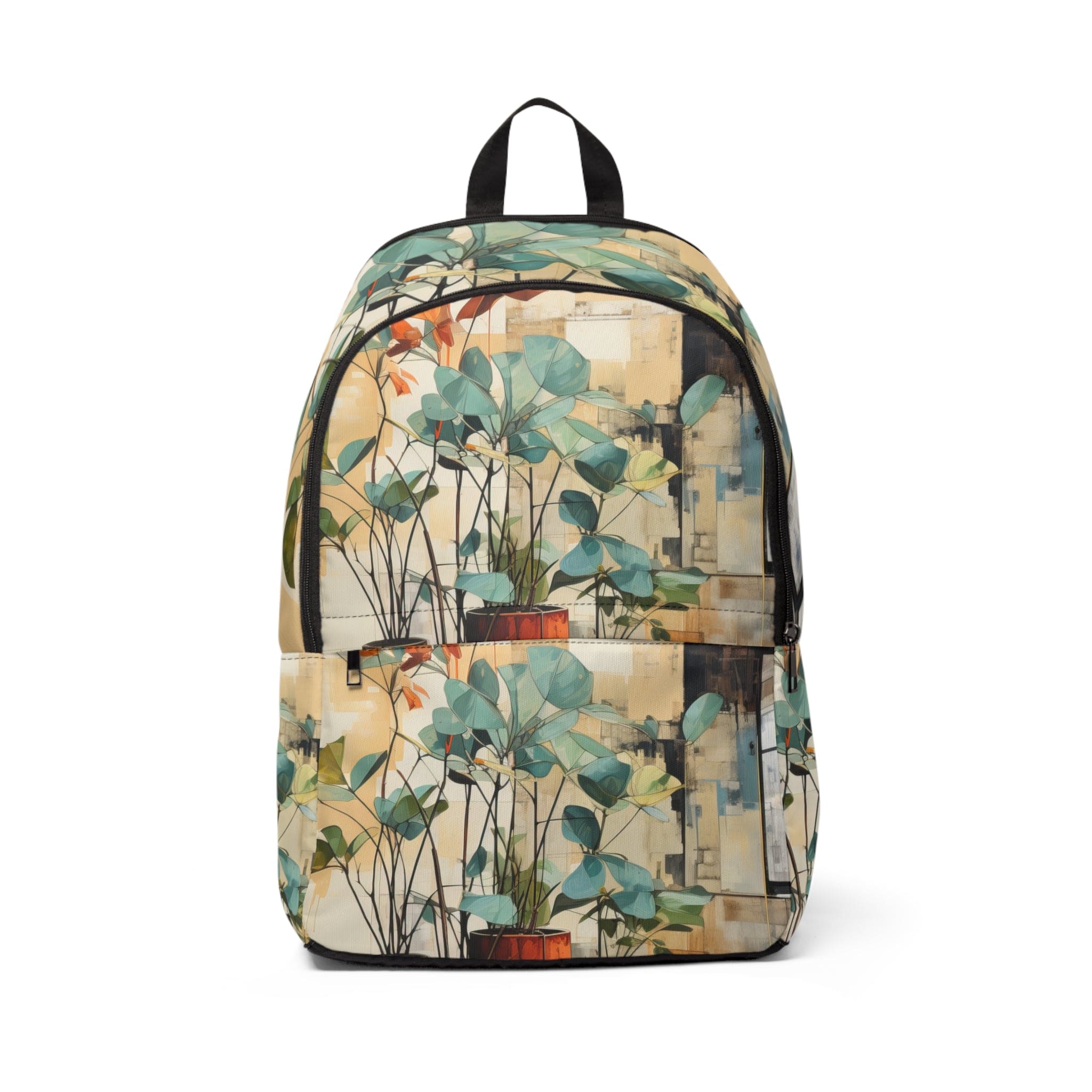 Fashion Backpack featuring a rustic botanical plants design, made from waterproof nylon, showcasing adjustable straps and spacious compartments.