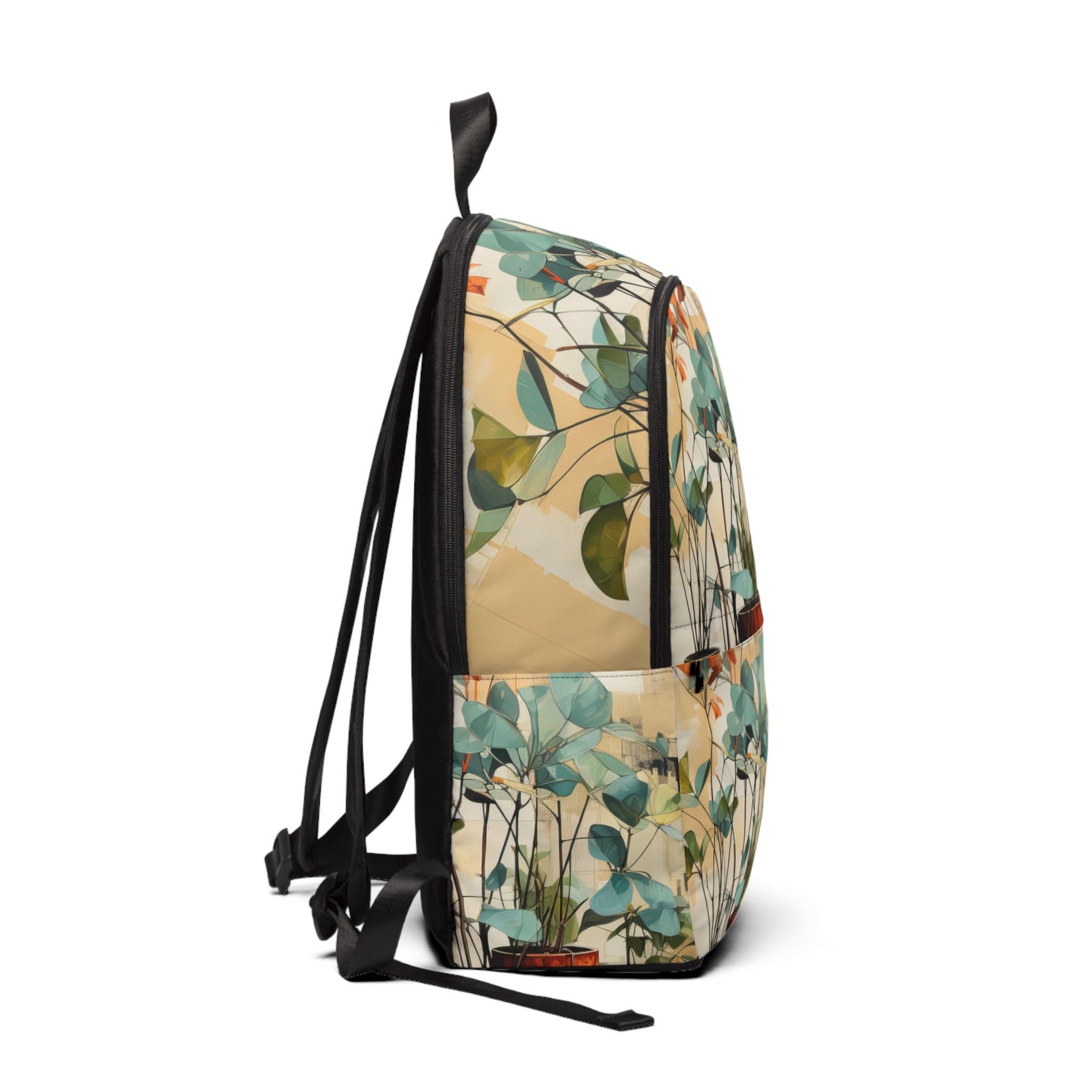 Fashion Backpack featuring a rustic botanical plants design, made from waterproof nylon, showcasing adjustable straps and spacious compartments.