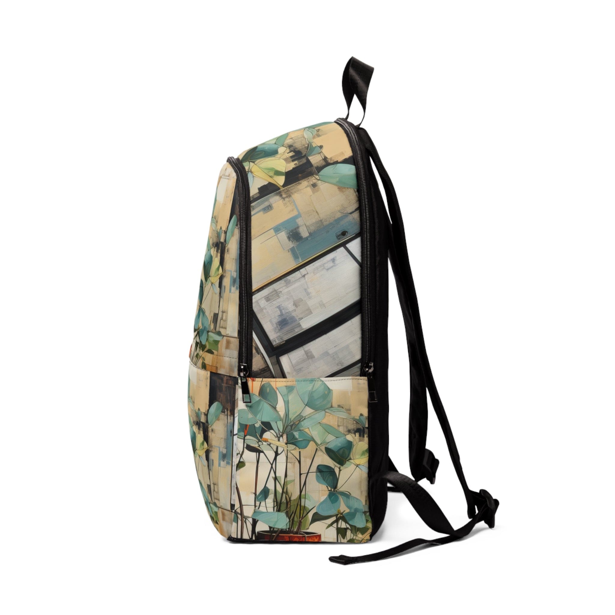 Fashion Backpack featuring a rustic botanical plants design, made from waterproof nylon, showcasing adjustable straps and spacious compartments.