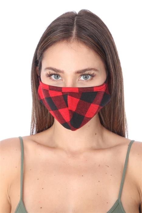 FASHION MASK 101 featuring a red and black plaid design, double-layer construction, and contoured sides for a comfortable fit.